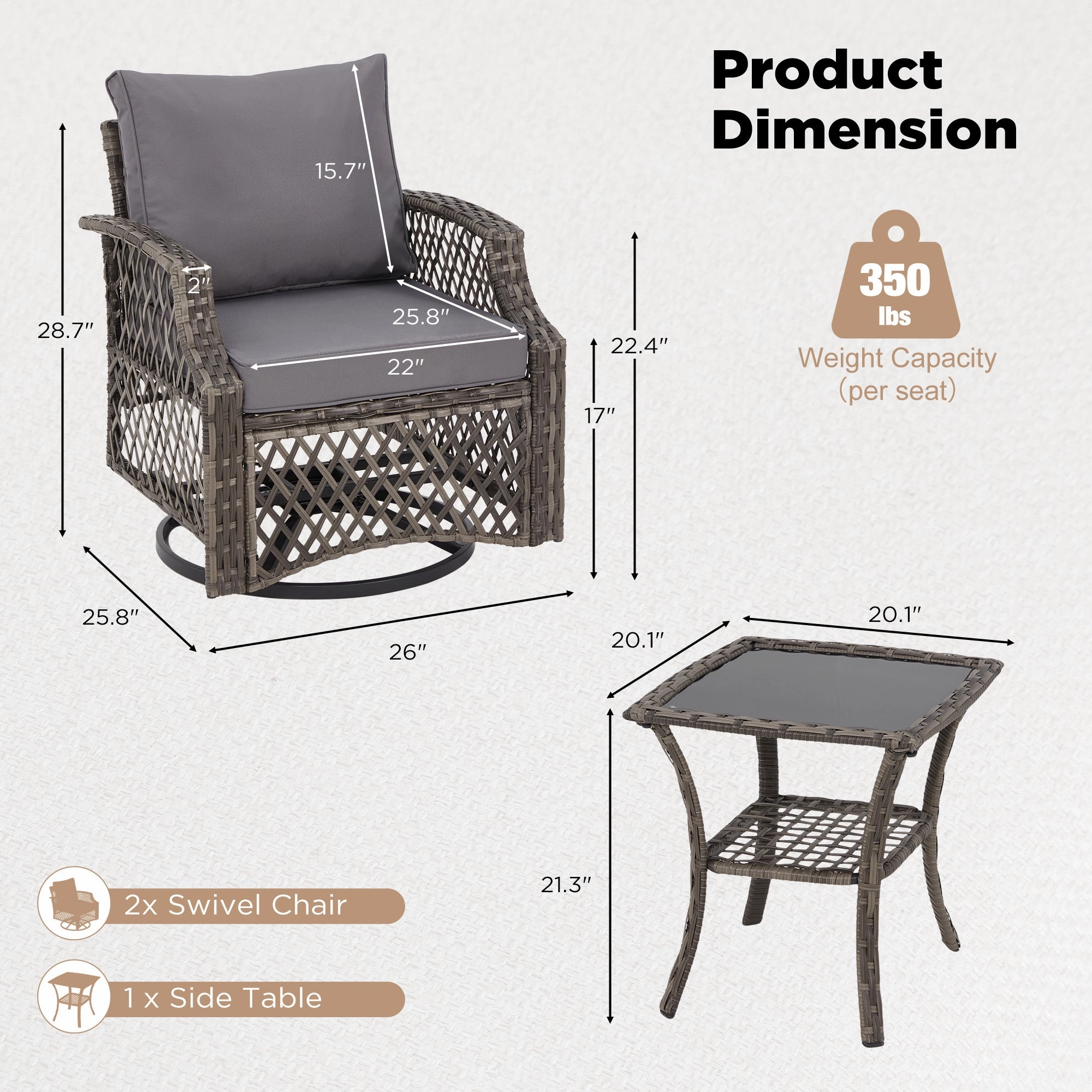 HOMREST 3 Piece Outdoor Swivel Chair Set, Patio Furniture Conversation Set for Deck, Yard, Garden, Poolside(Gray)