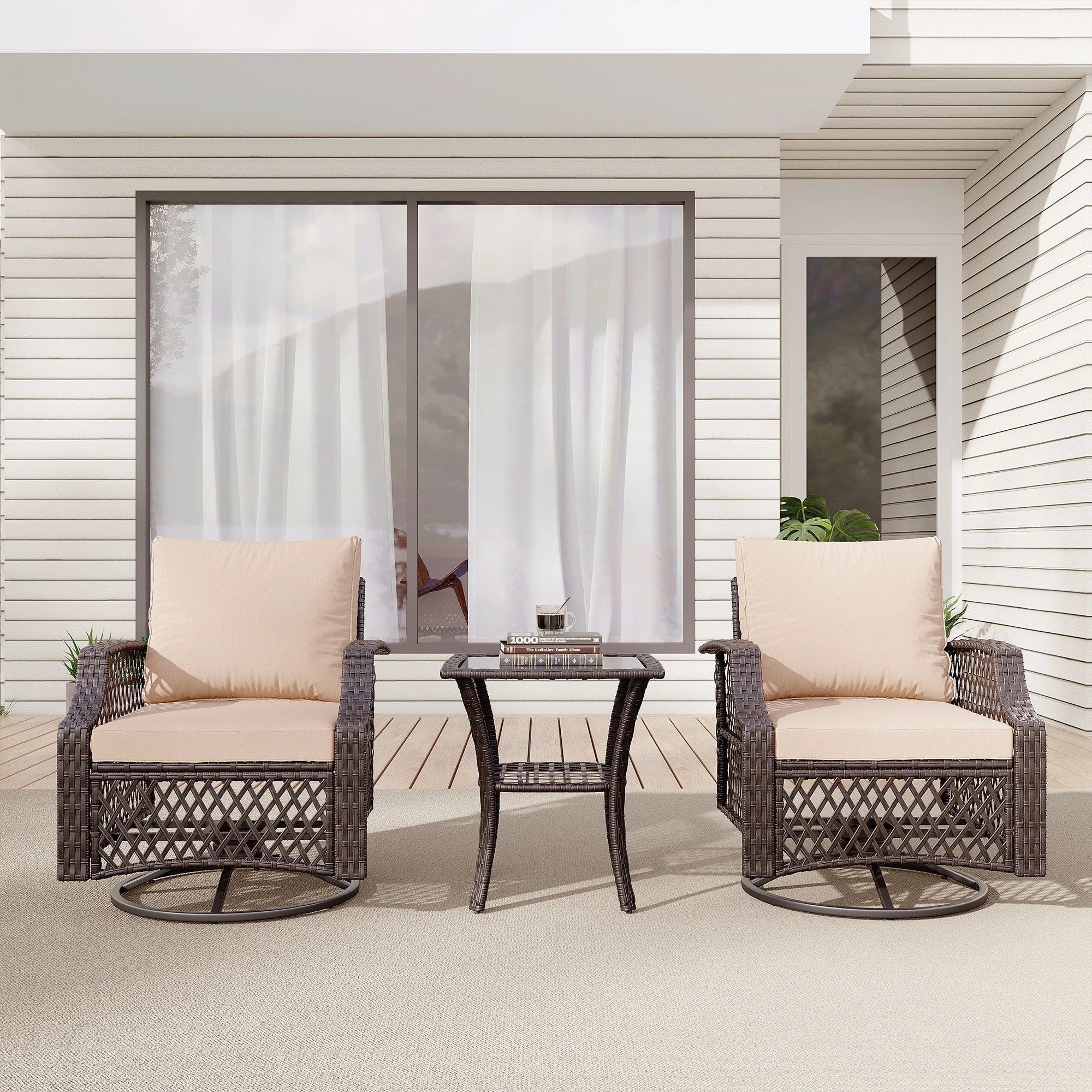 HOMREST 3 Piece Outdoor Swivel Chair Set, Patio Furniture Conversation Set for Deck, Yard, Garden, Poolside(Khaki)outdoor patio furniture set