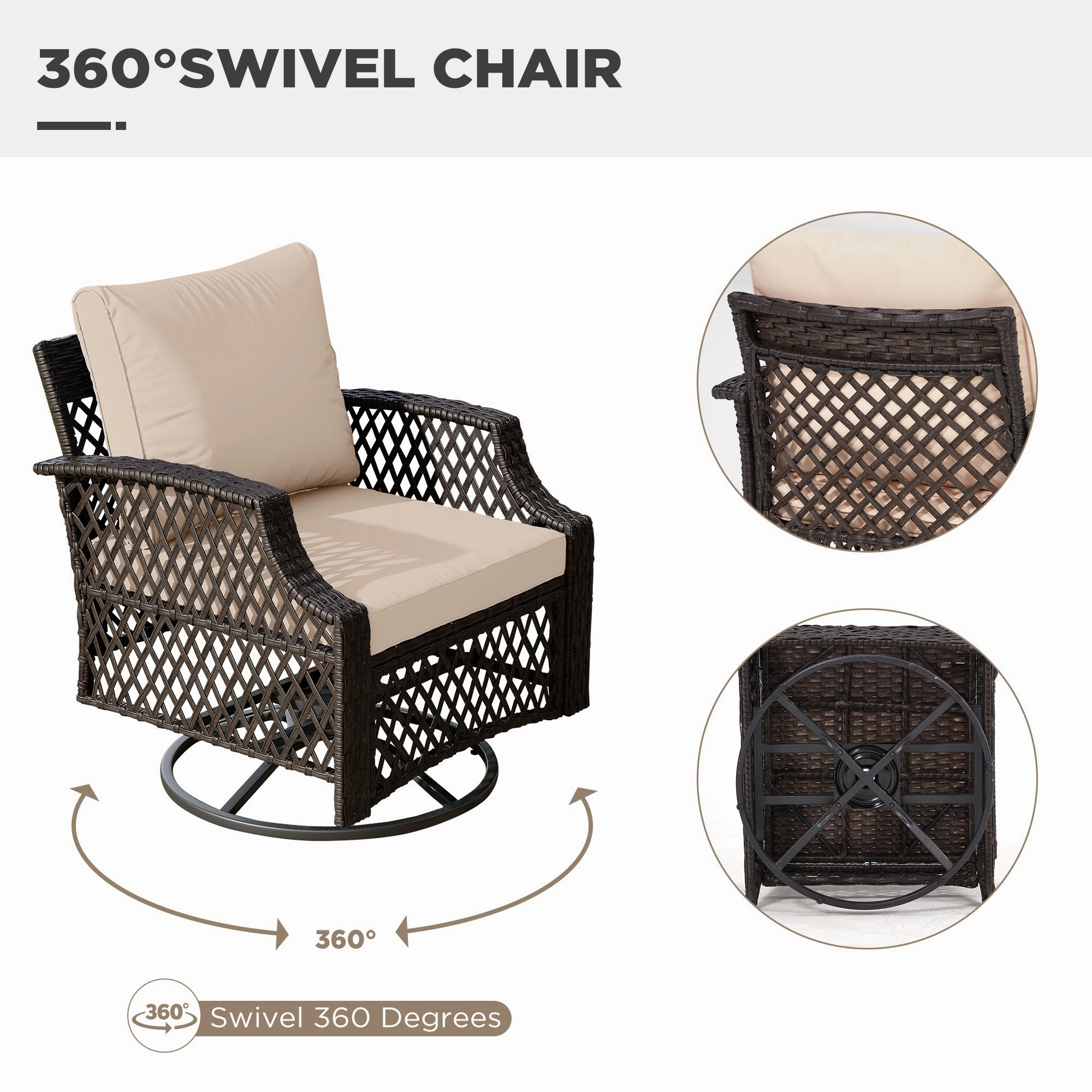 HOMREST 3 Piece Outdoor Swivel Chair Set, Patio Furniture Conversation Set for Deck, Yard, Garden, Poolside(Khaki)