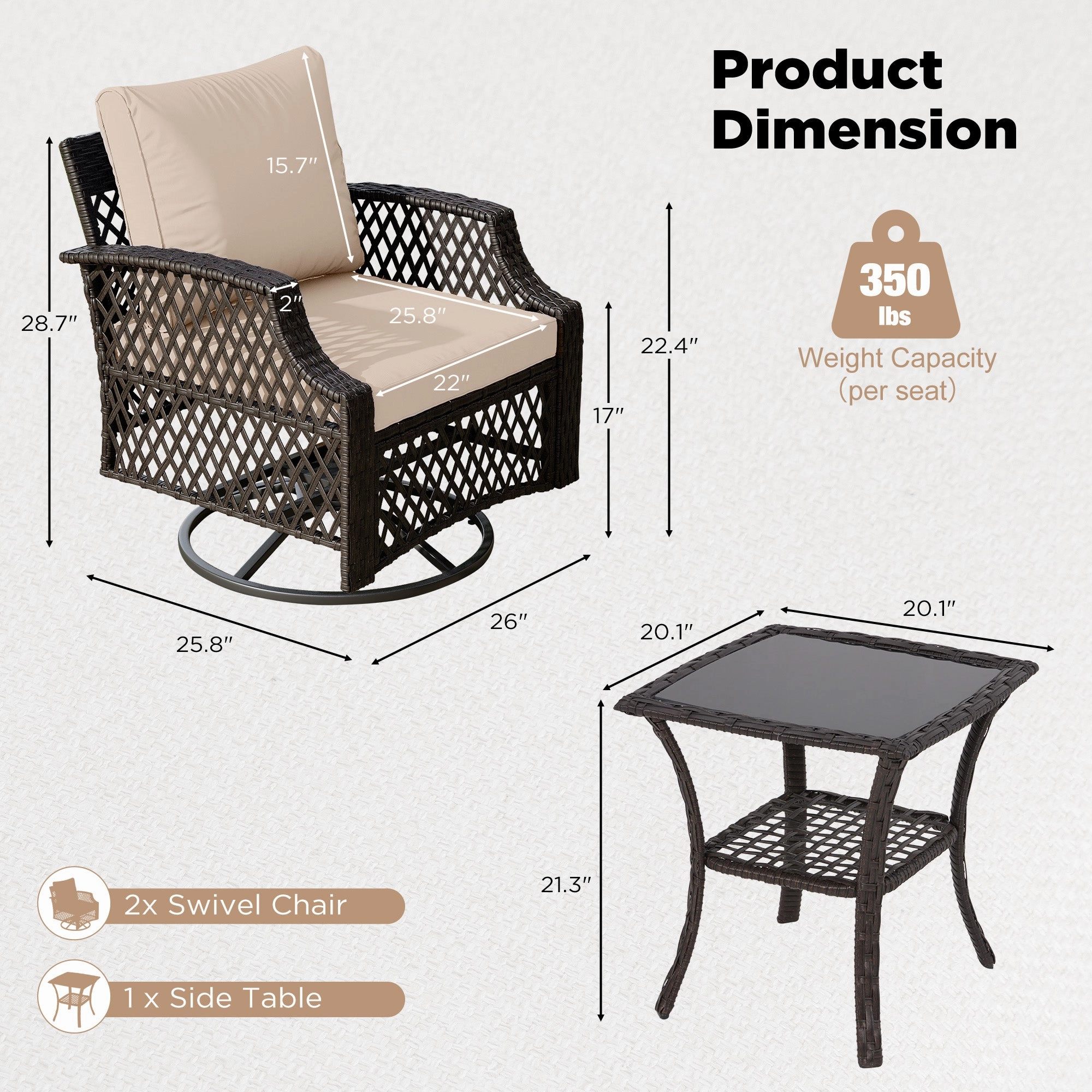 HOMREST 3 Piece Outdoor Swivel Chair Set, Patio Furniture Conversation Set for Deck, Yard, Garden, Poolside(Khaki)