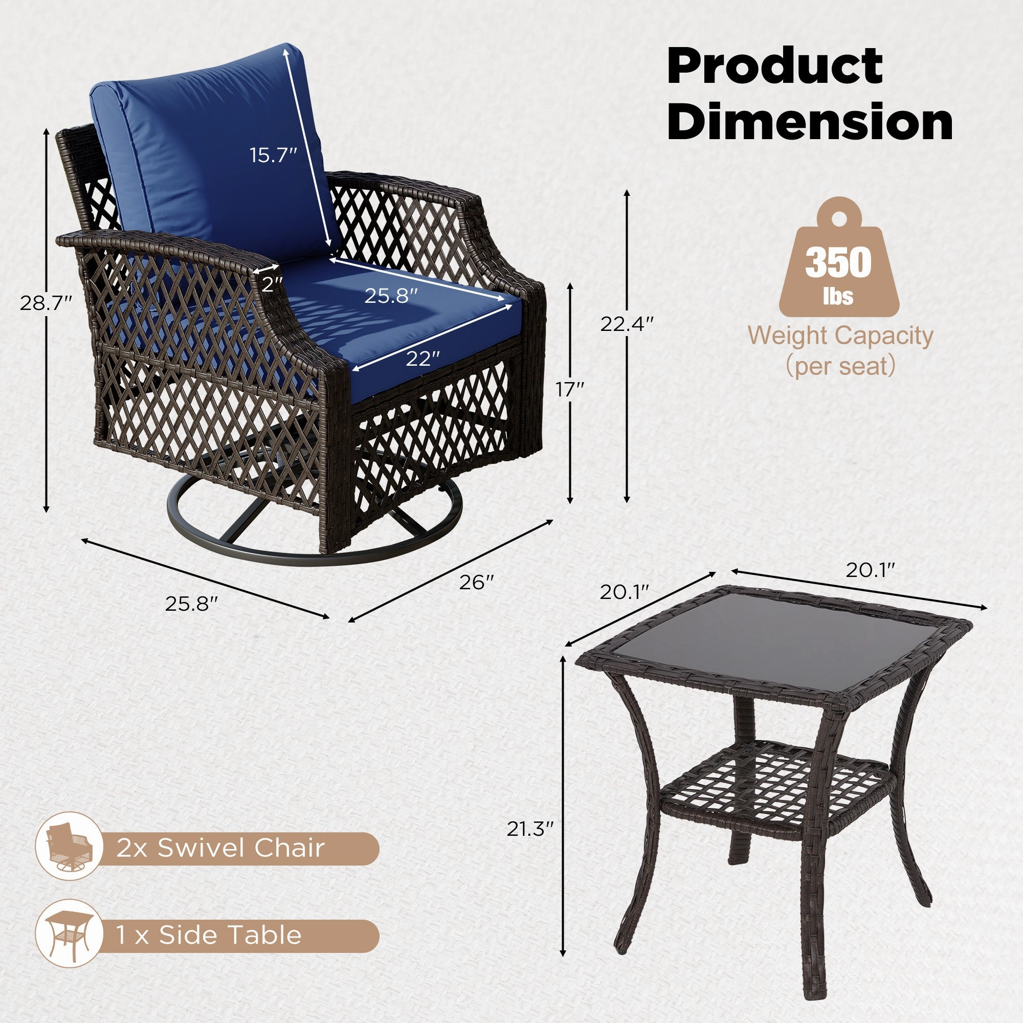 HOMREST 3 Piece Outdoor Swivel Chair Set, Patio Furniture Conversation Set for Deck, Yard, Garden, Poolside(Navy Blue)