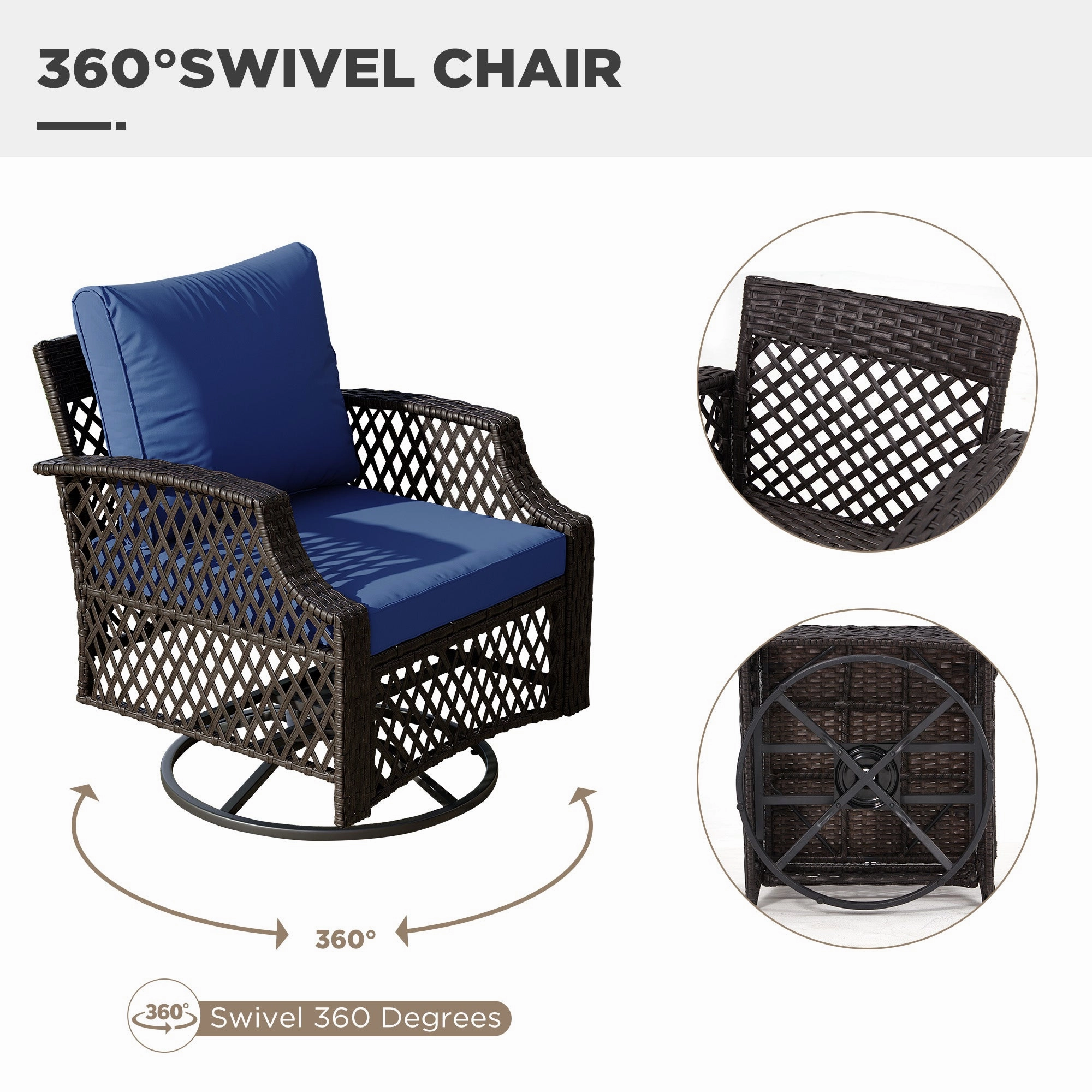 HOMREST 3 Piece Outdoor Swivel Chair Set, Patio Furniture Conversation Set for Deck, Yard, Garden, Poolside(Navy Blue)