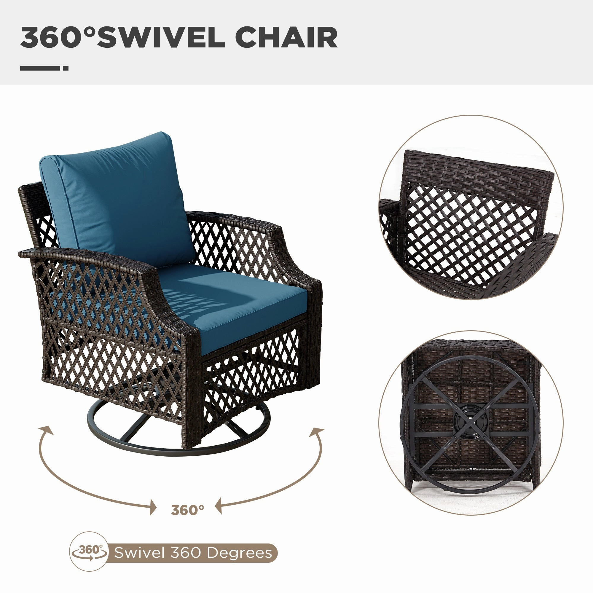 HOMREST 3 Piece Outdoor Swivel Chair Set, Patio Furniture Conversation Set for Deck, Yard, Garden, Poolside(Turquoise)