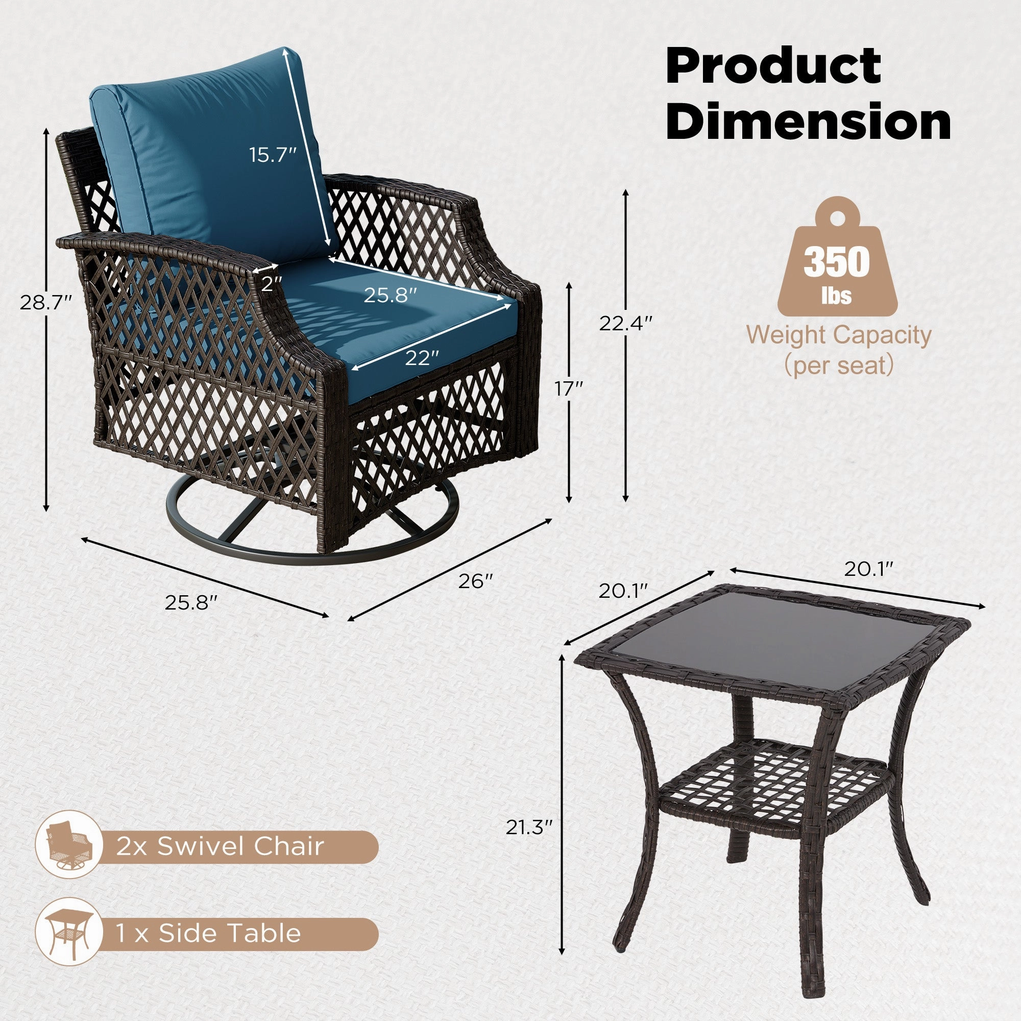HOMREST 3 Piece Outdoor Swivel Chair Set, Patio Furniture Conversation Set for Deck, Yard, Garden, Poolside(Turquoise)