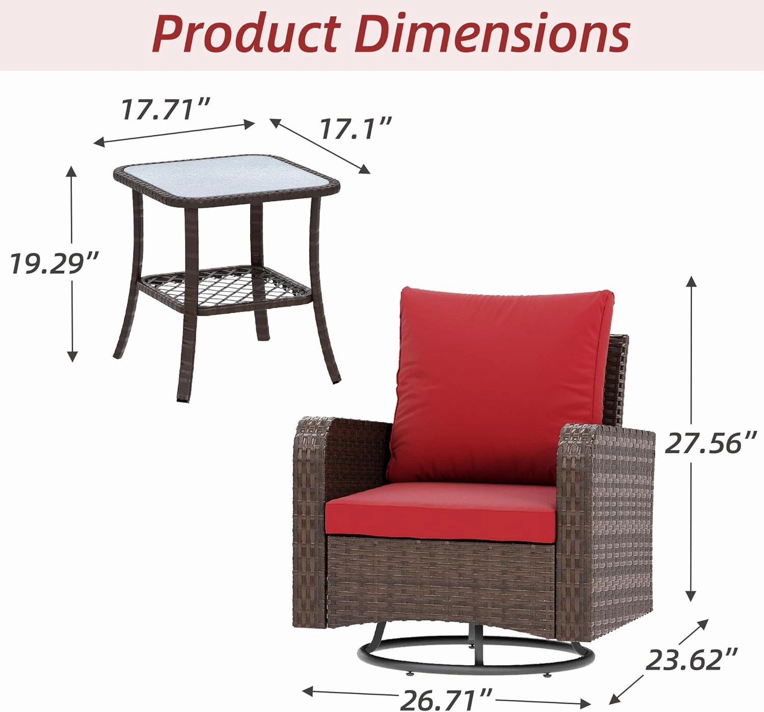 HOMREST 3 Piece Outdoor Swivel Chairs - Wicker Patio Bistro Table and Chairs Set, Wine Red
