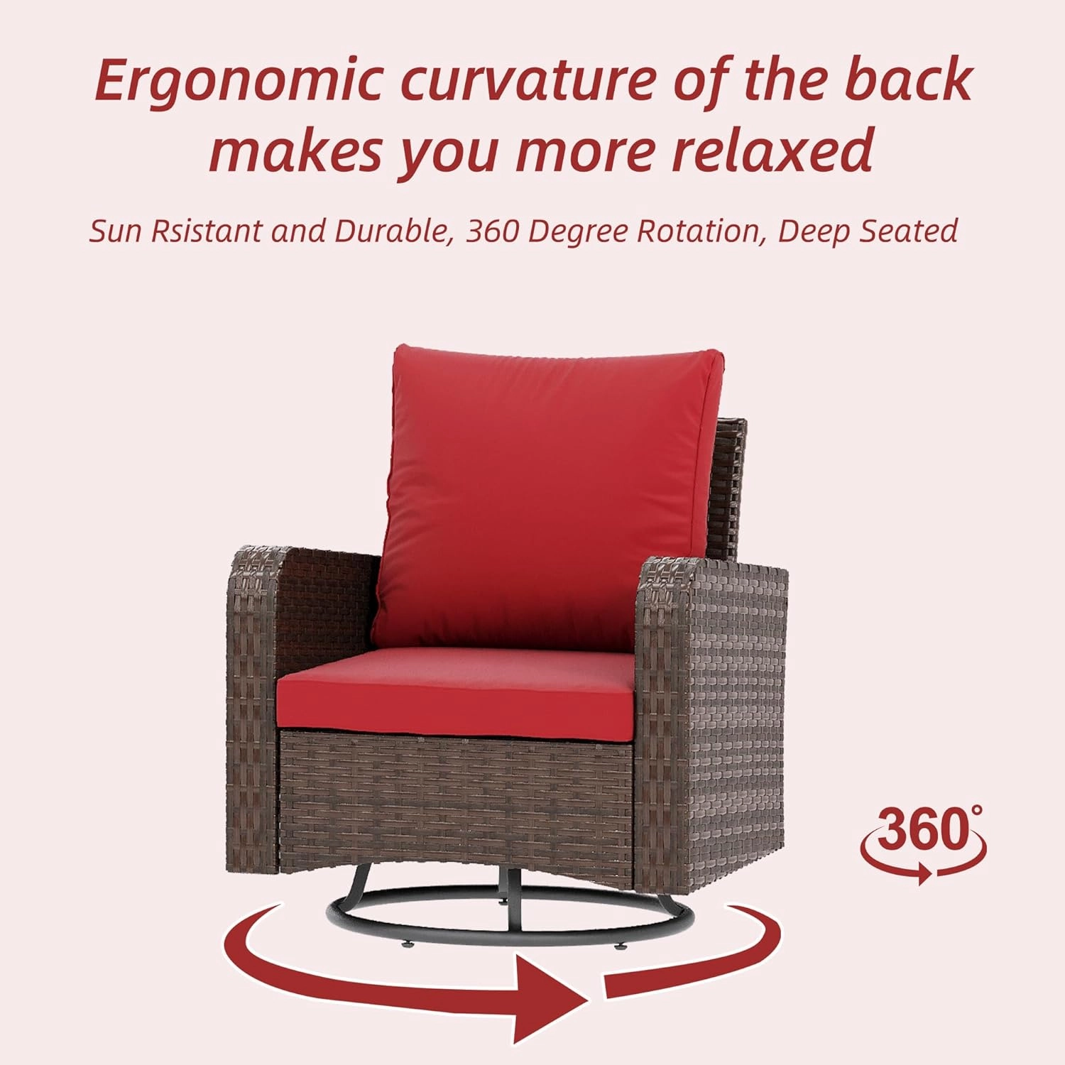 HOMREST 3 Piece Outdoor Swivel Chairs - Wicker Patio Bistro Table and Chairs Set, Wine Red
