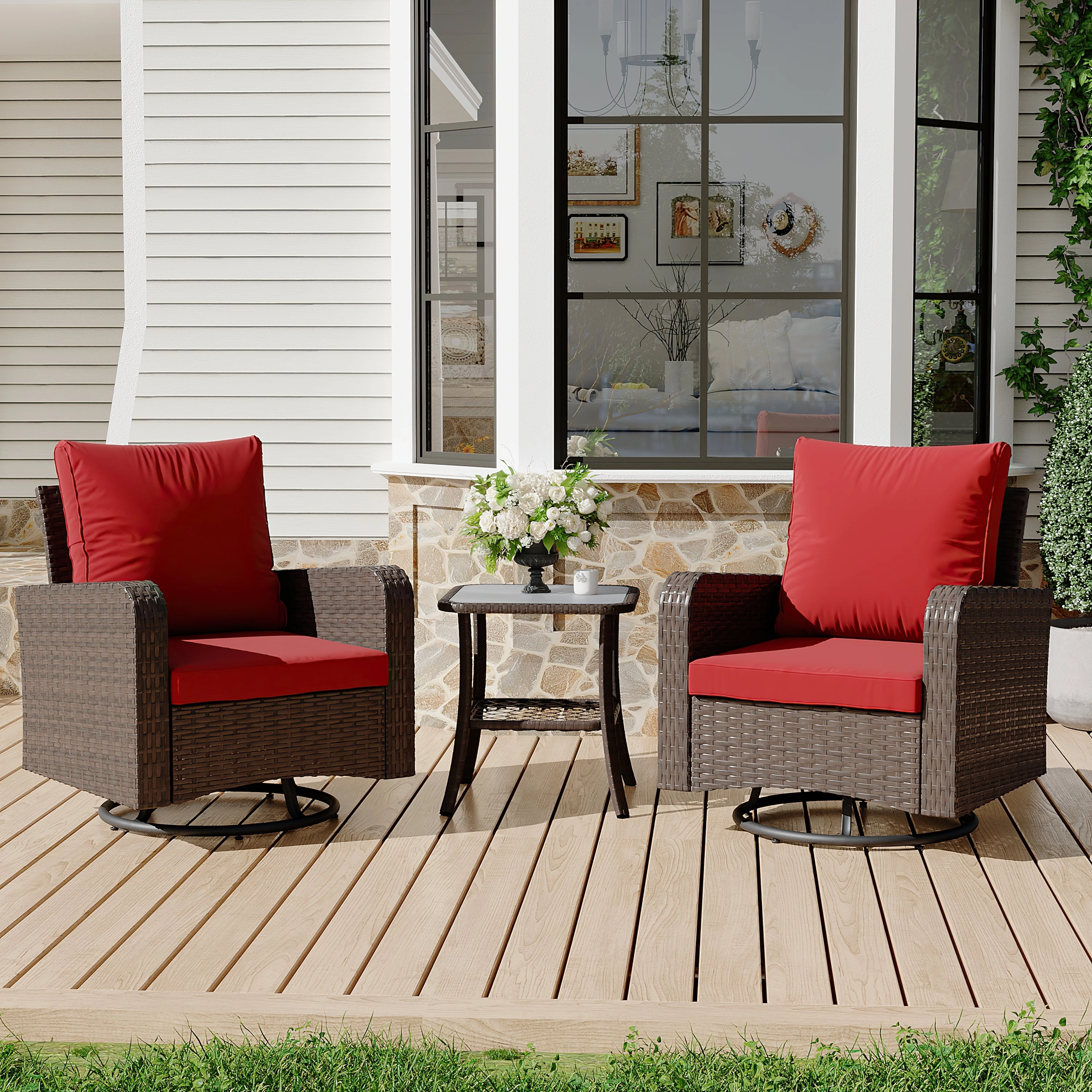 HOMREST 3 Piece Outdoor Swivel Chairs - Wicker Patio Bistro Table and Chairs Set, Wine Redoutdoor patio furniture set