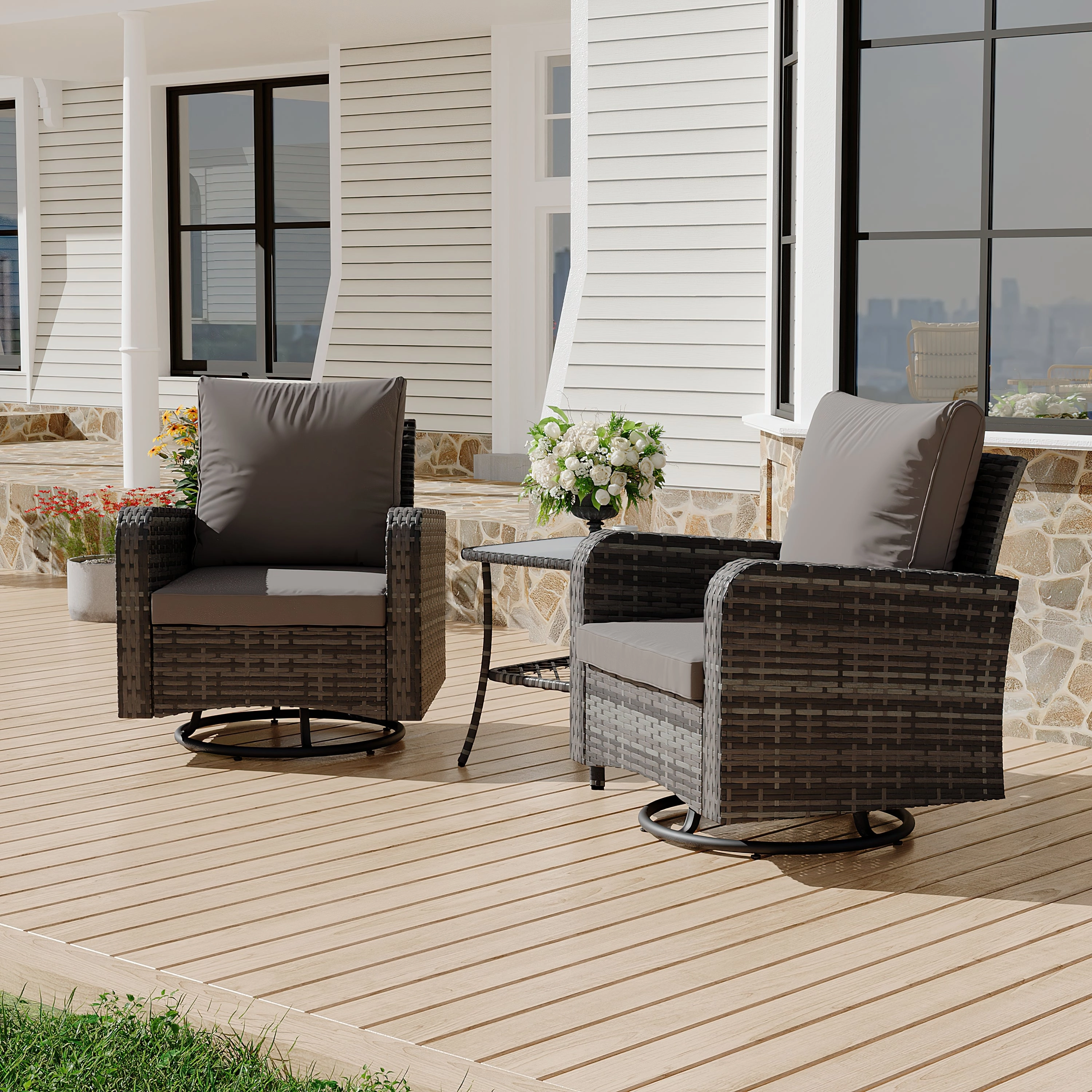 HOMREST 3 Piece Outdoor Swivel Chairs -All Weather Wicker Patio Bistro Table and Chairs Set, Grey