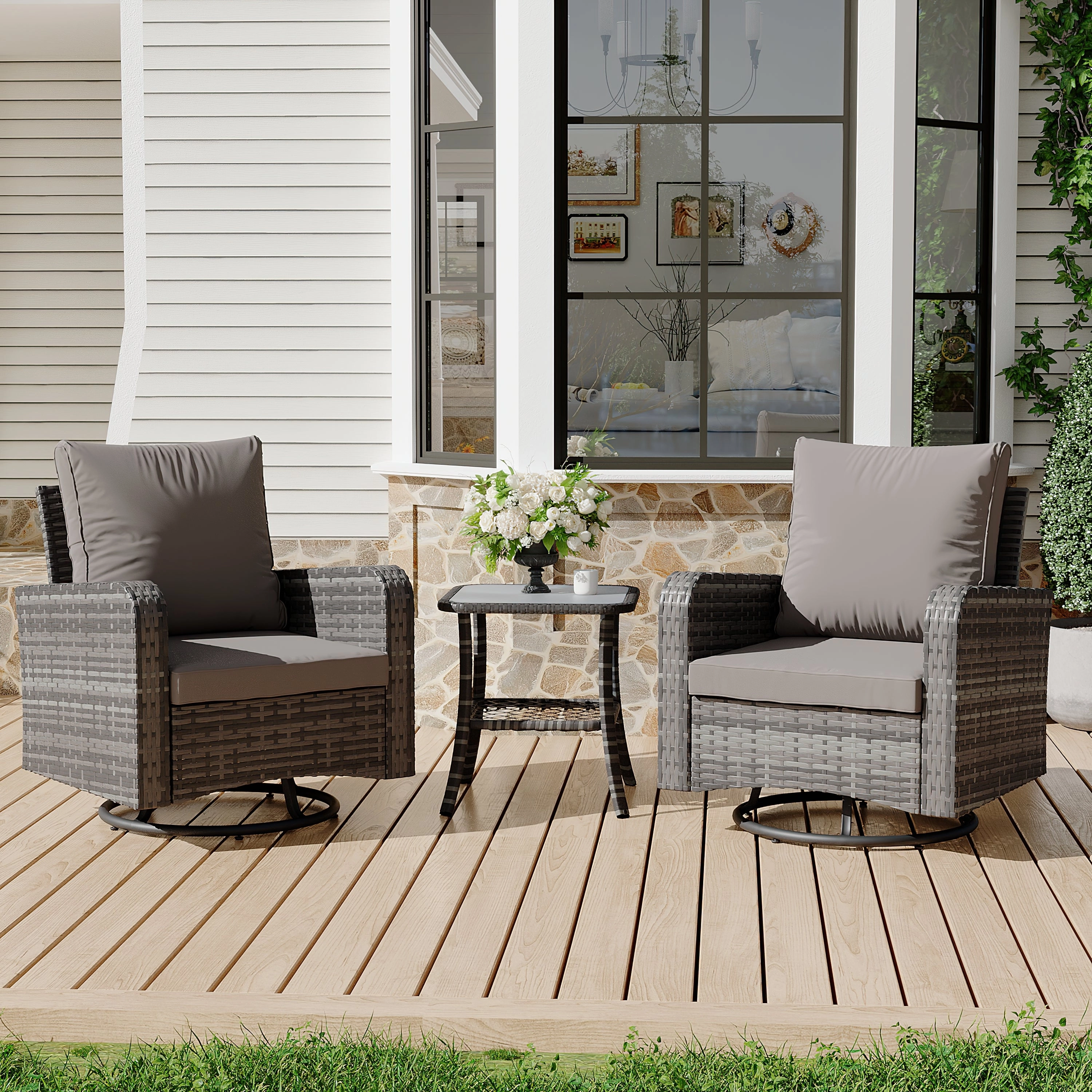 HOMREST 3 Piece Outdoor Swivel Chairs -All Weather Wicker Patio Bistro Table and Chairs Set, Greyoutdoor patio furniture set