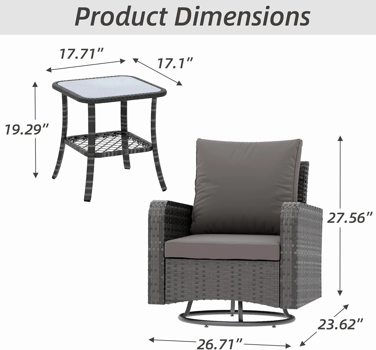 HOMREST 3 Piece Outdoor Swivel Chairs -All Weather Wicker Patio Bistro Table and Chairs Set, Grey