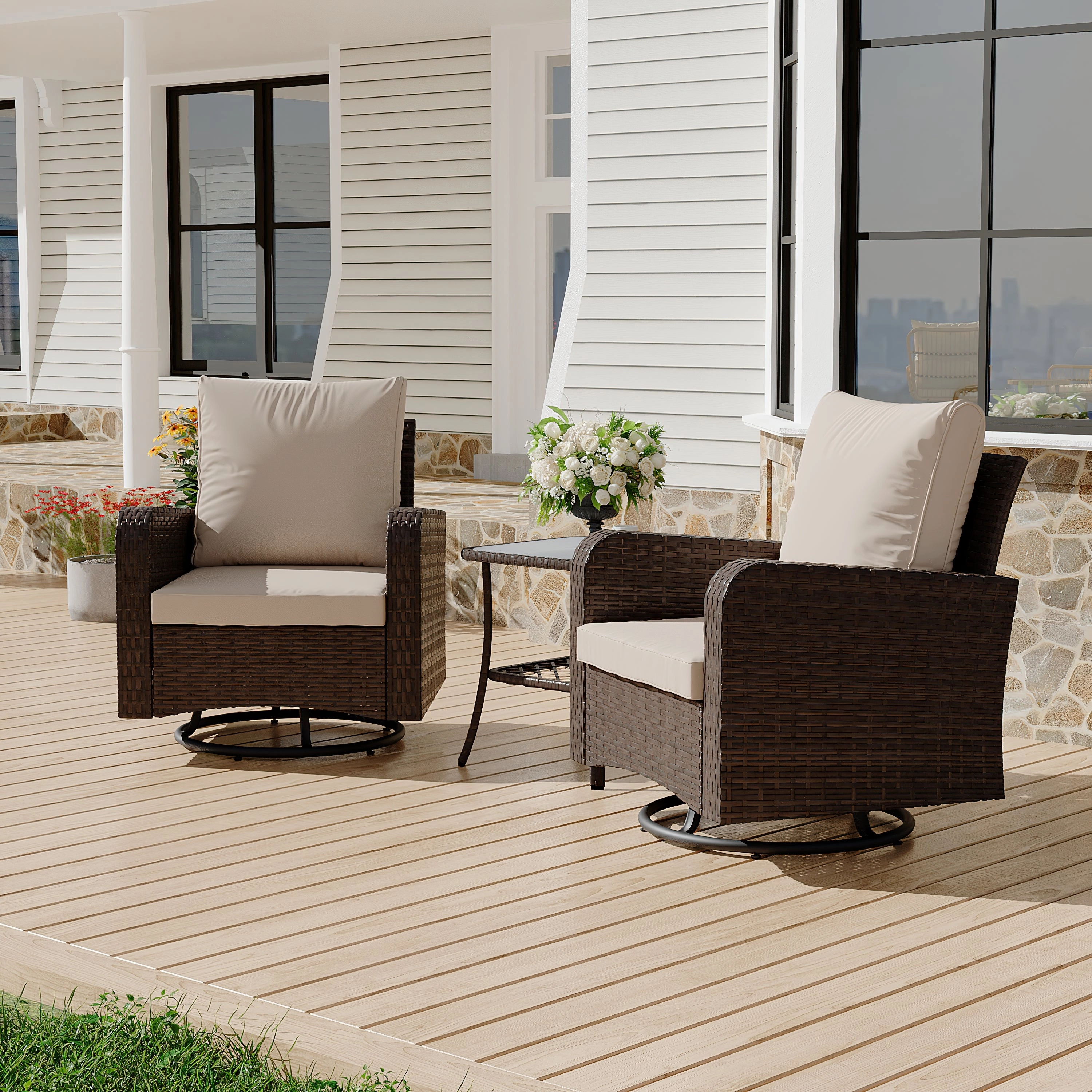 HOMREST 3 Piece Outdoor Swivel Chairs -All Weather Wicker Patio Bistro Table and Chairs Set, Khaki