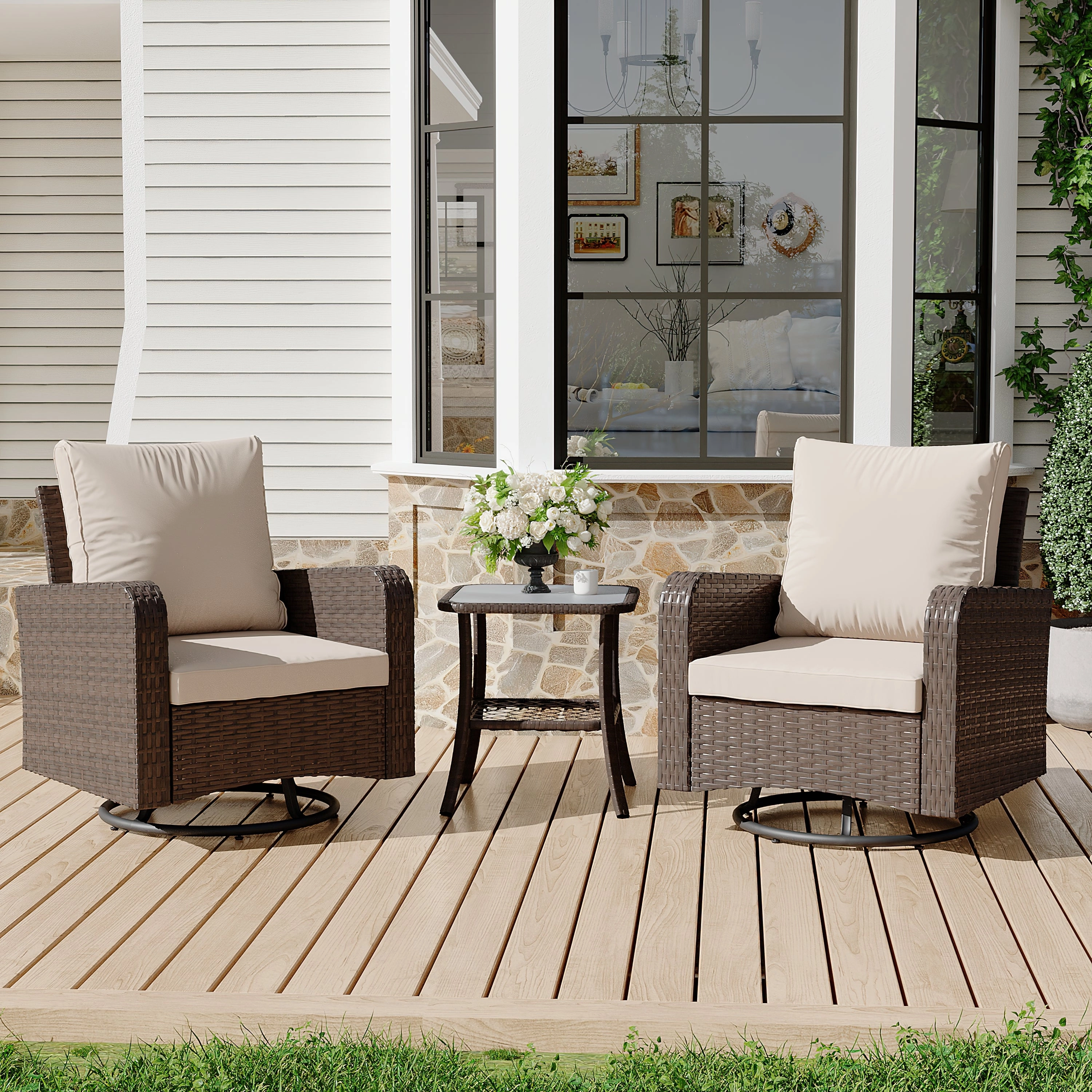 HOMREST 3 Piece Outdoor Swivel Chairs -All Weather Wicker Patio Bistro Table and Chairs Set, Khakioutdoor patio furniture set