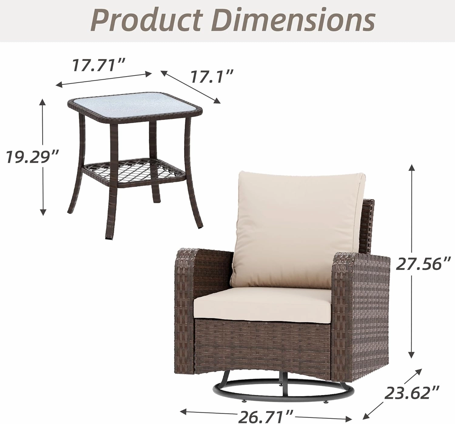 HOMREST 3 Piece Outdoor Swivel Chairs -All Weather Wicker Patio Bistro Table and Chairs Set, Khaki