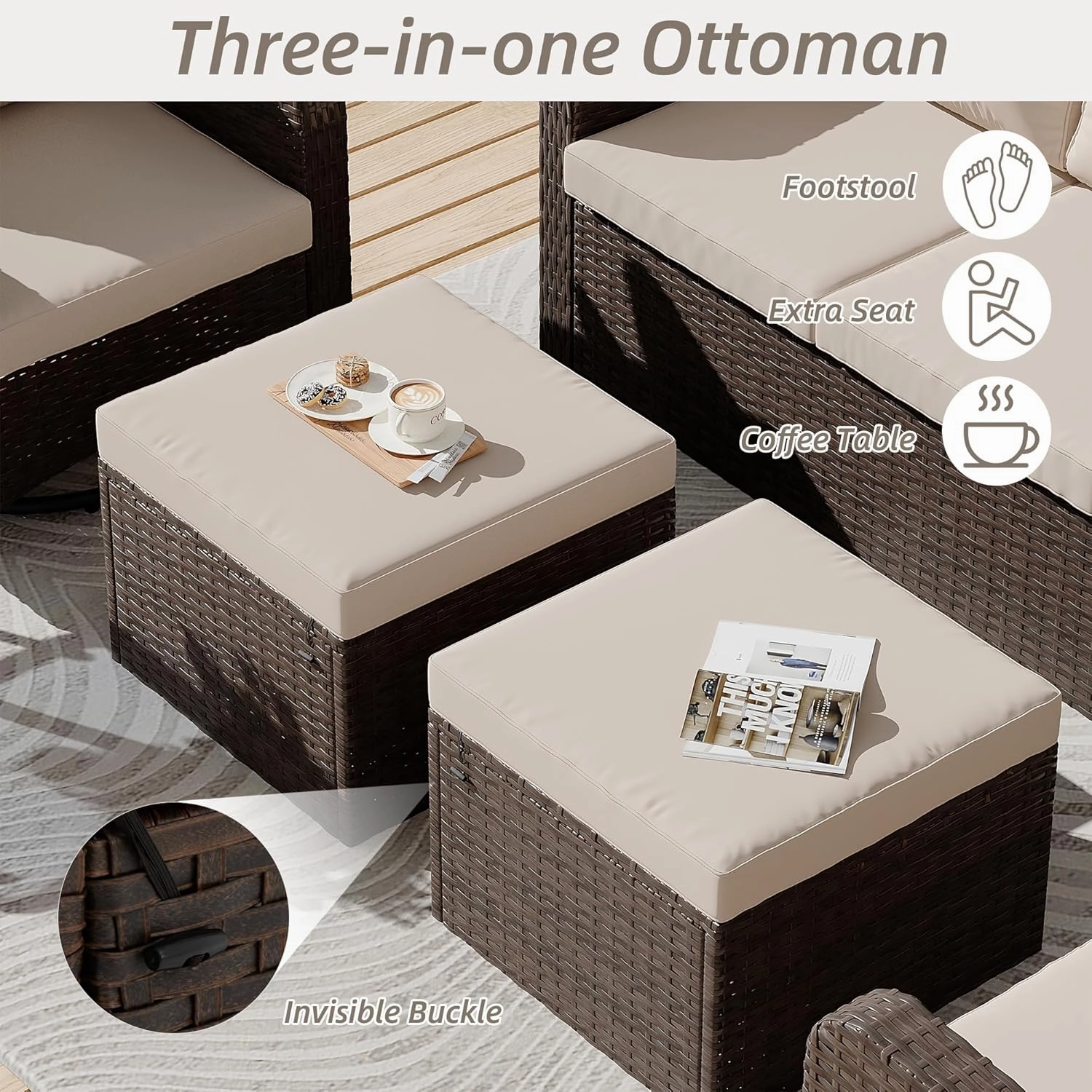 HOMREST 3 Piece Outdoor Swivel Chairs -All Weather Wicker Patio Bistro Table and Chairs Set, Khaki
