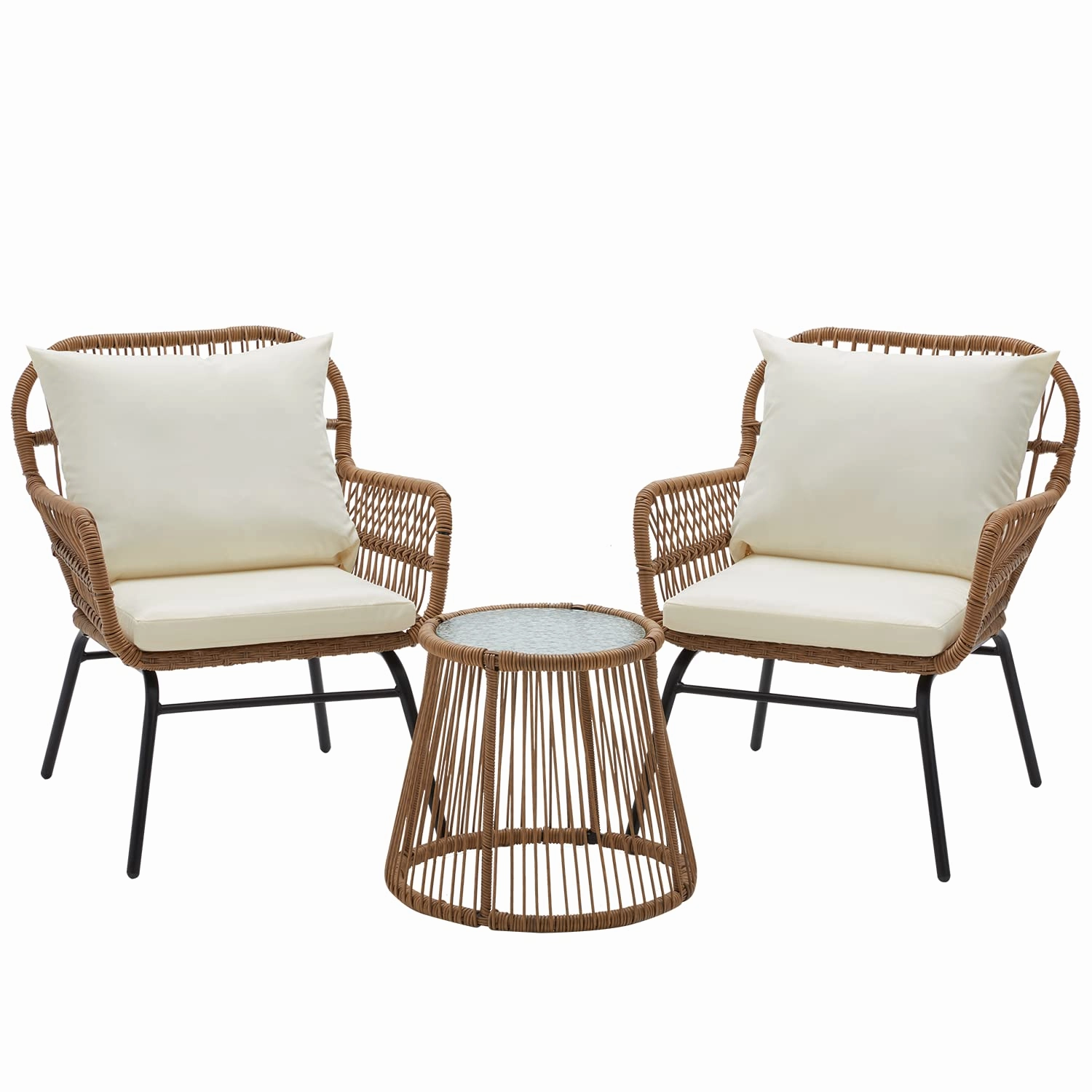 HOMREST 3-Piece Outdoor Wicker Bistro Set with Glass Top