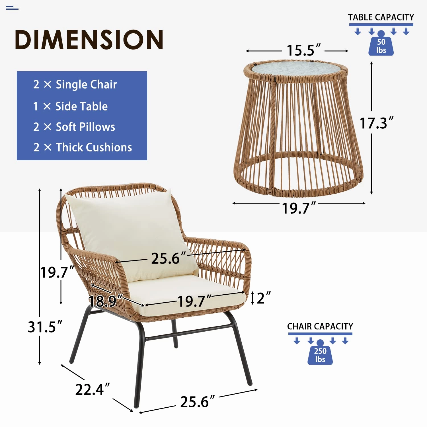 HOMREST 3-Piece Outdoor Wicker Bistro Set with Glass Top