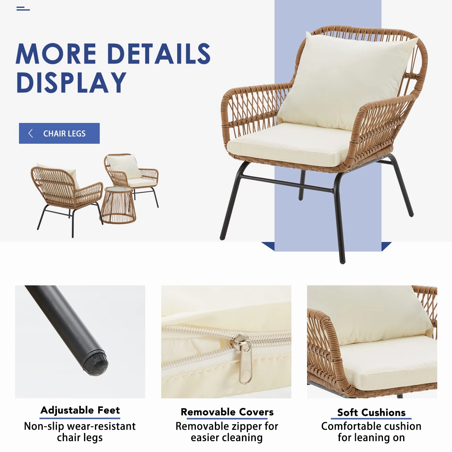 HOMREST 3-Piece Outdoor Wicker Bistro Set with Glass Top