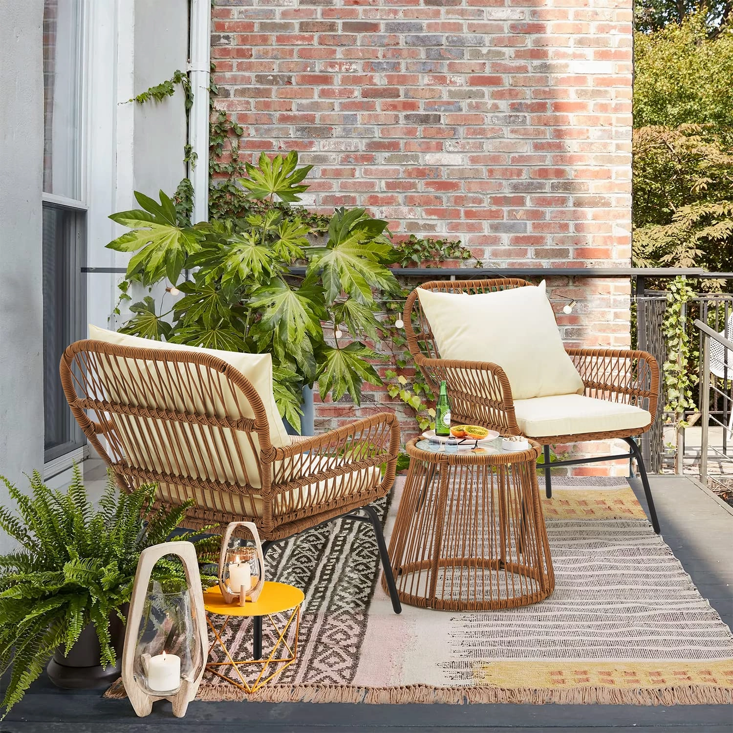 HOMREST 3-Piece Outdoor Wicker Bistro Set with Glass Top