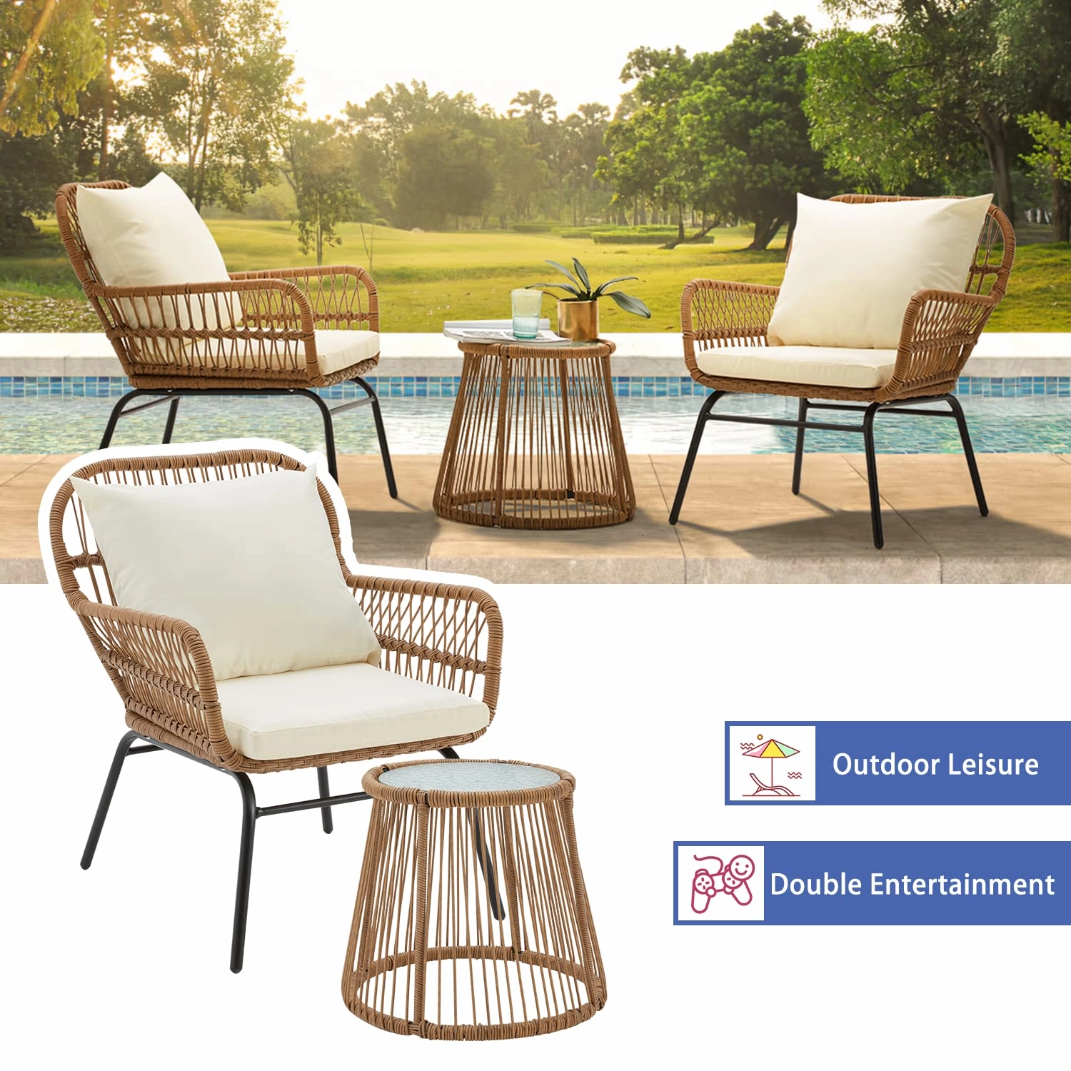 HOMREST 3-Piece Outdoor Wicker Bistro Set with Glass Top