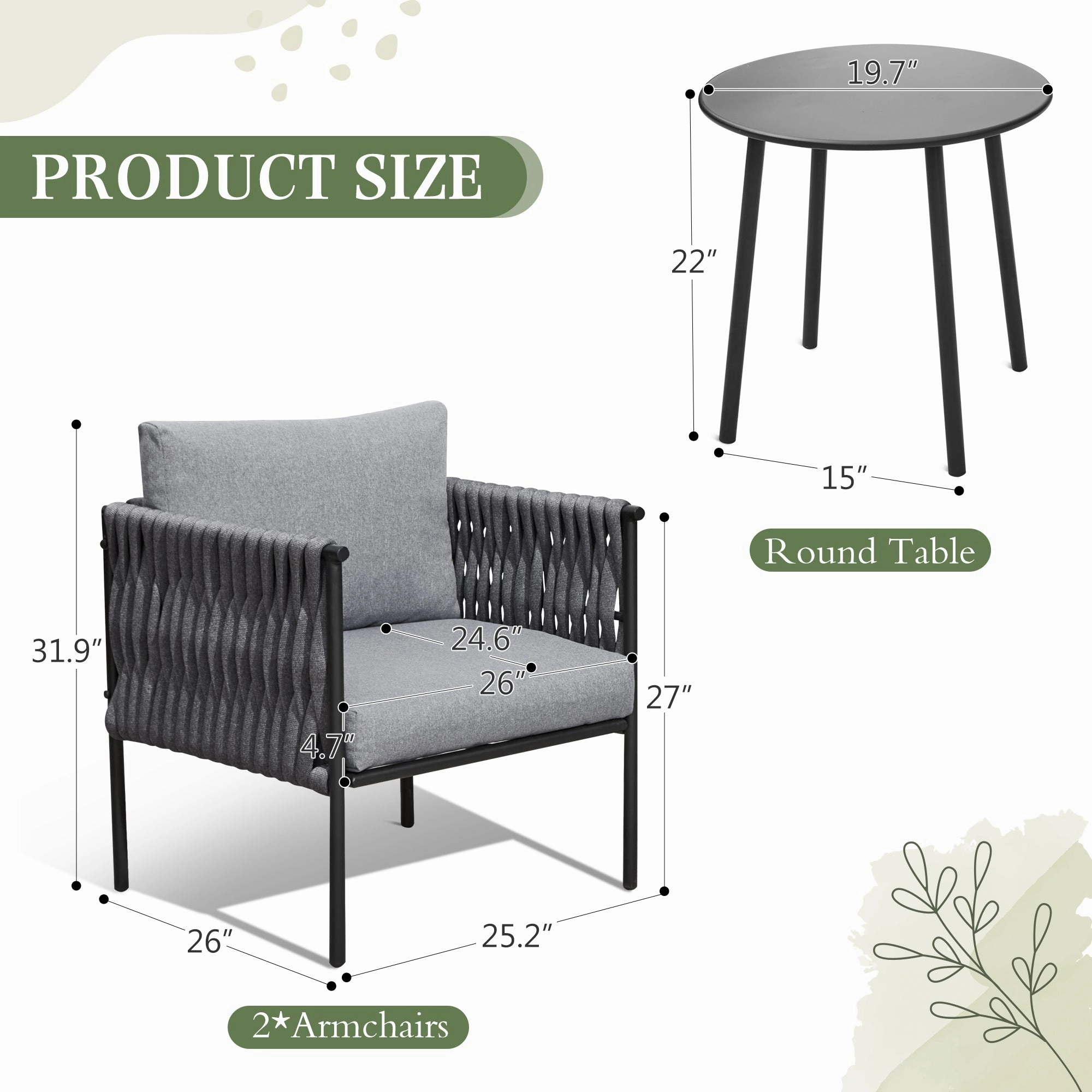 HOMREST 3-Piece Patio Bistro Set, Modern Outdoor Furniture, Earth Black & Starry Sky Gray