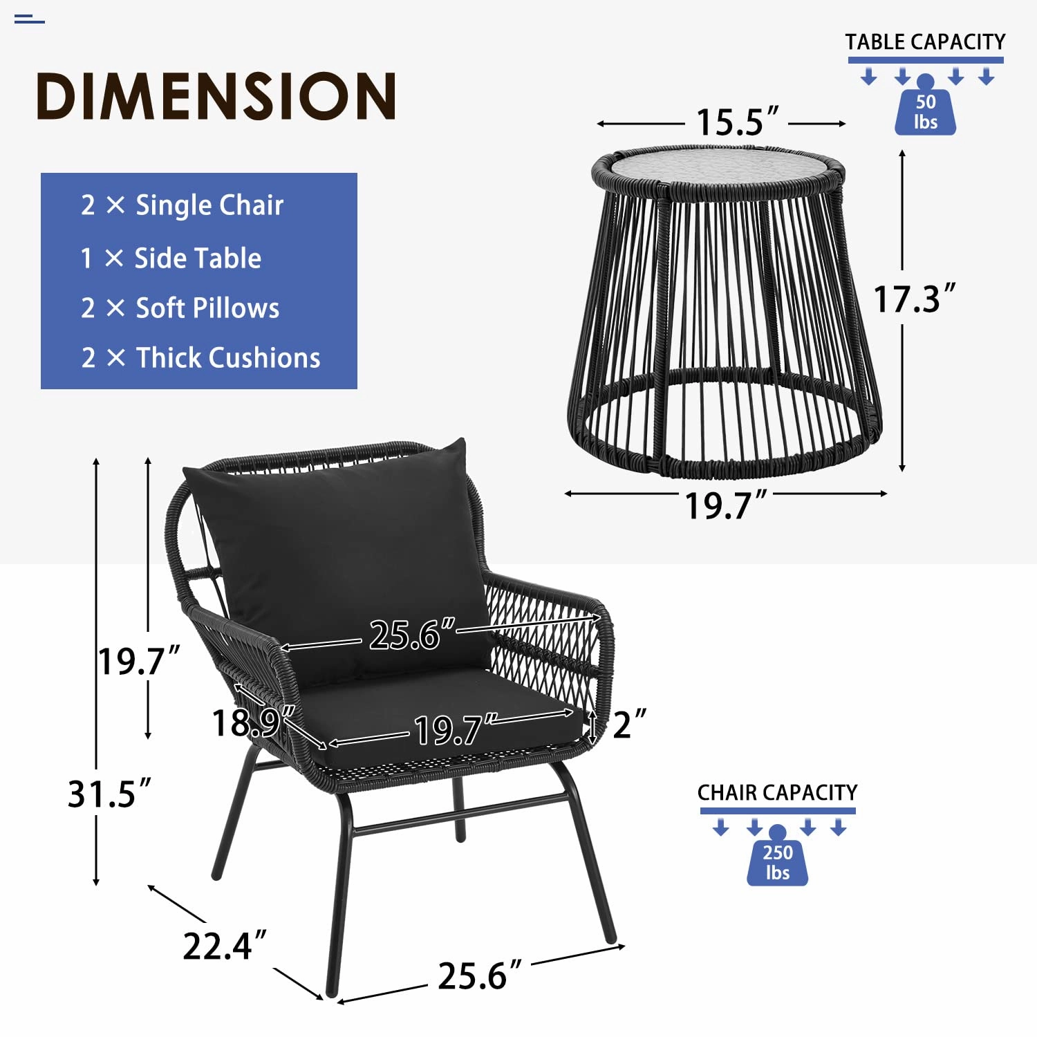 HOMREST 3-Piece Patio Bistro Set with Glass Top Table & 2 Ergonomic Armchairs, Black
