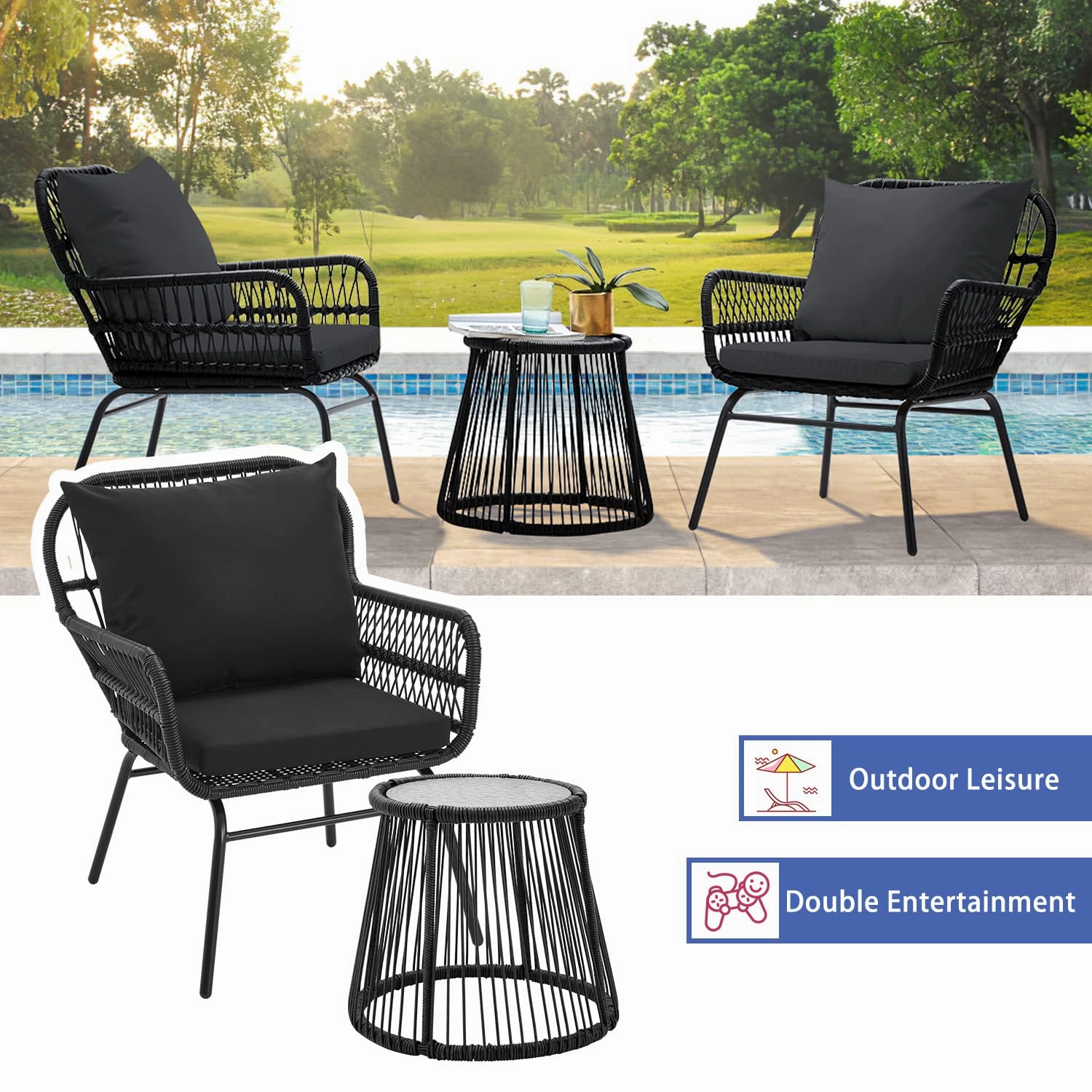 HOMREST 3-Piece Patio Bistro Set with Glass Top Table & 2 Ergonomic Armchairs, Black