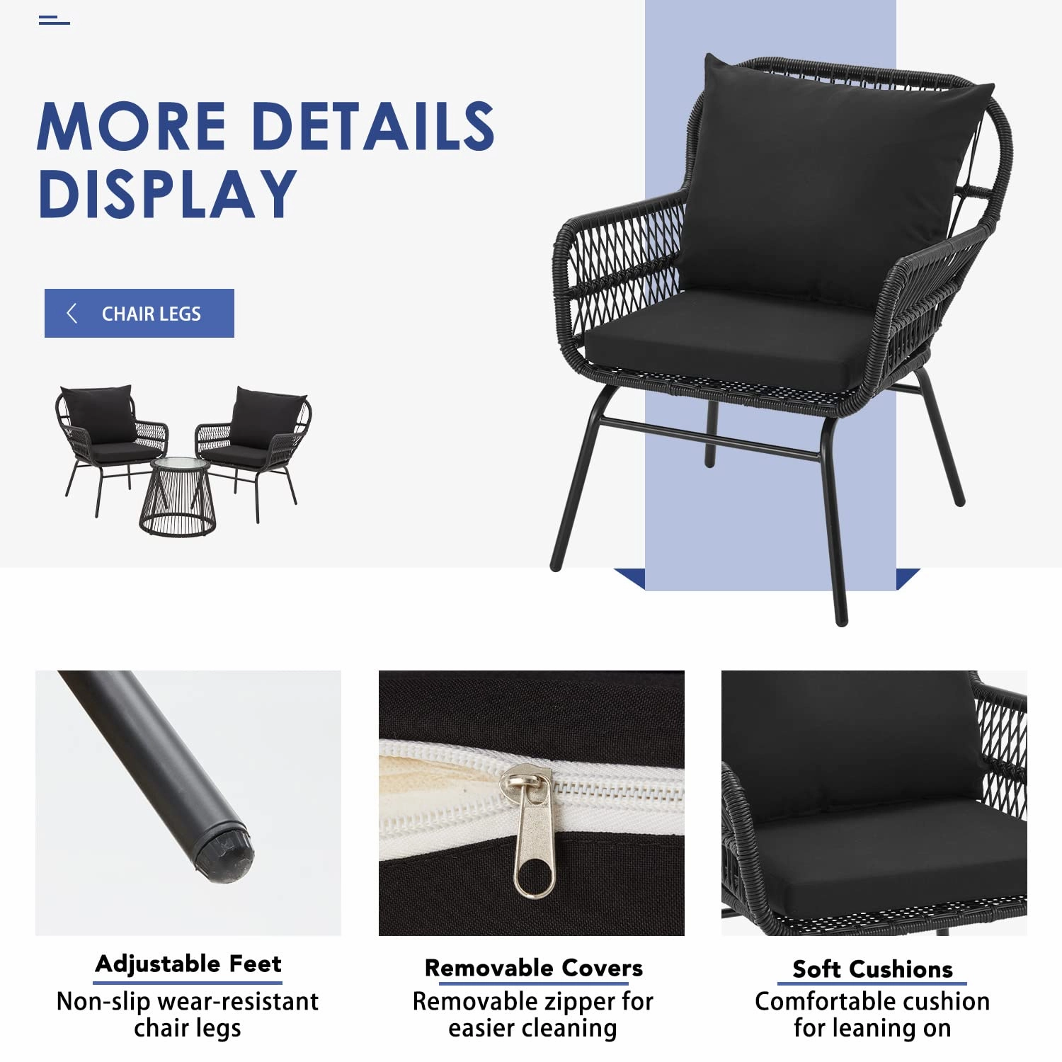 HOMREST 3-Piece Patio Bistro Set with Glass Top Table & 2 Ergonomic Armchairs, Black