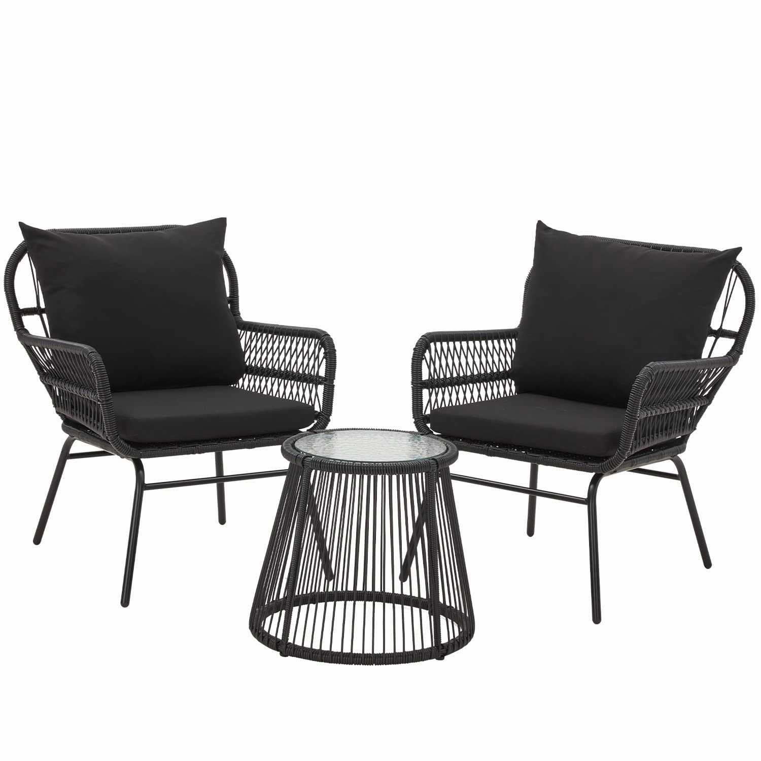 HOMREST 3-Piece Patio Bistro Set with Glass Top Table & 2 Ergonomic Armchairs, Black