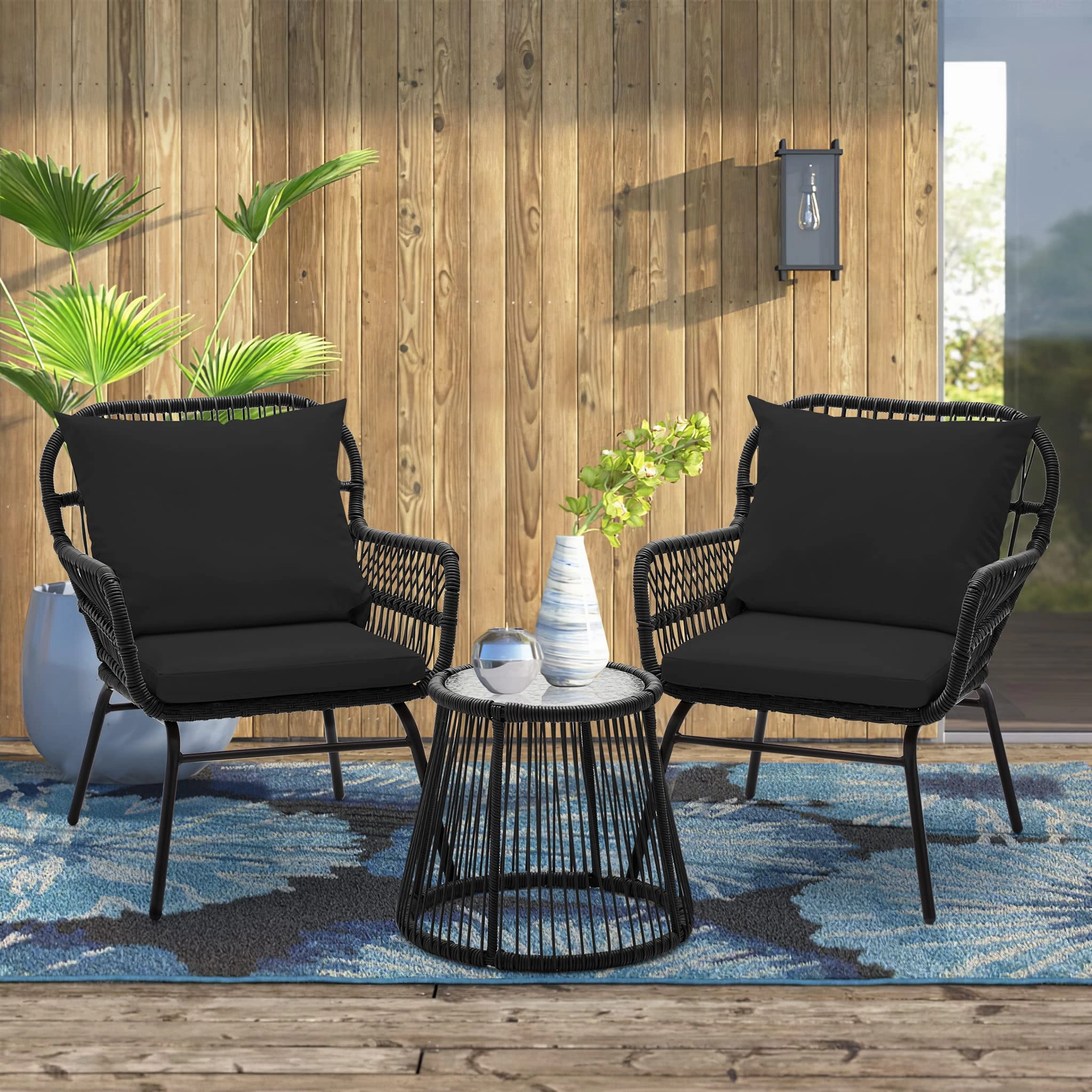 HOMREST 3-Piece Patio Bistro Set with Glass Top Table & 2 Ergonomic Armchairs, Black