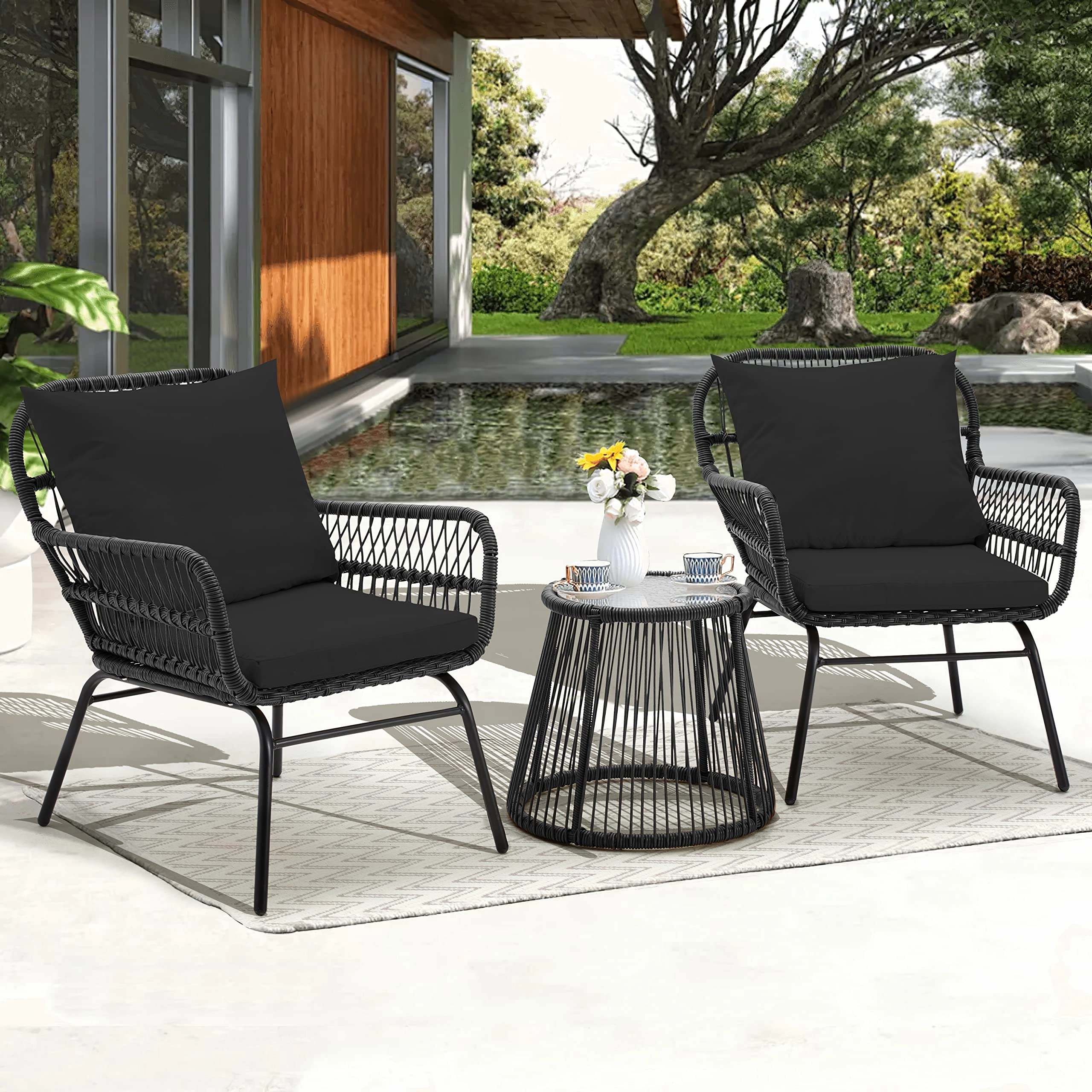 HOMREST 3-Piece Patio Bistro Set with Glass Top Table & 2 Ergonomic Armchairs, Blackoutdoor patio furniture set