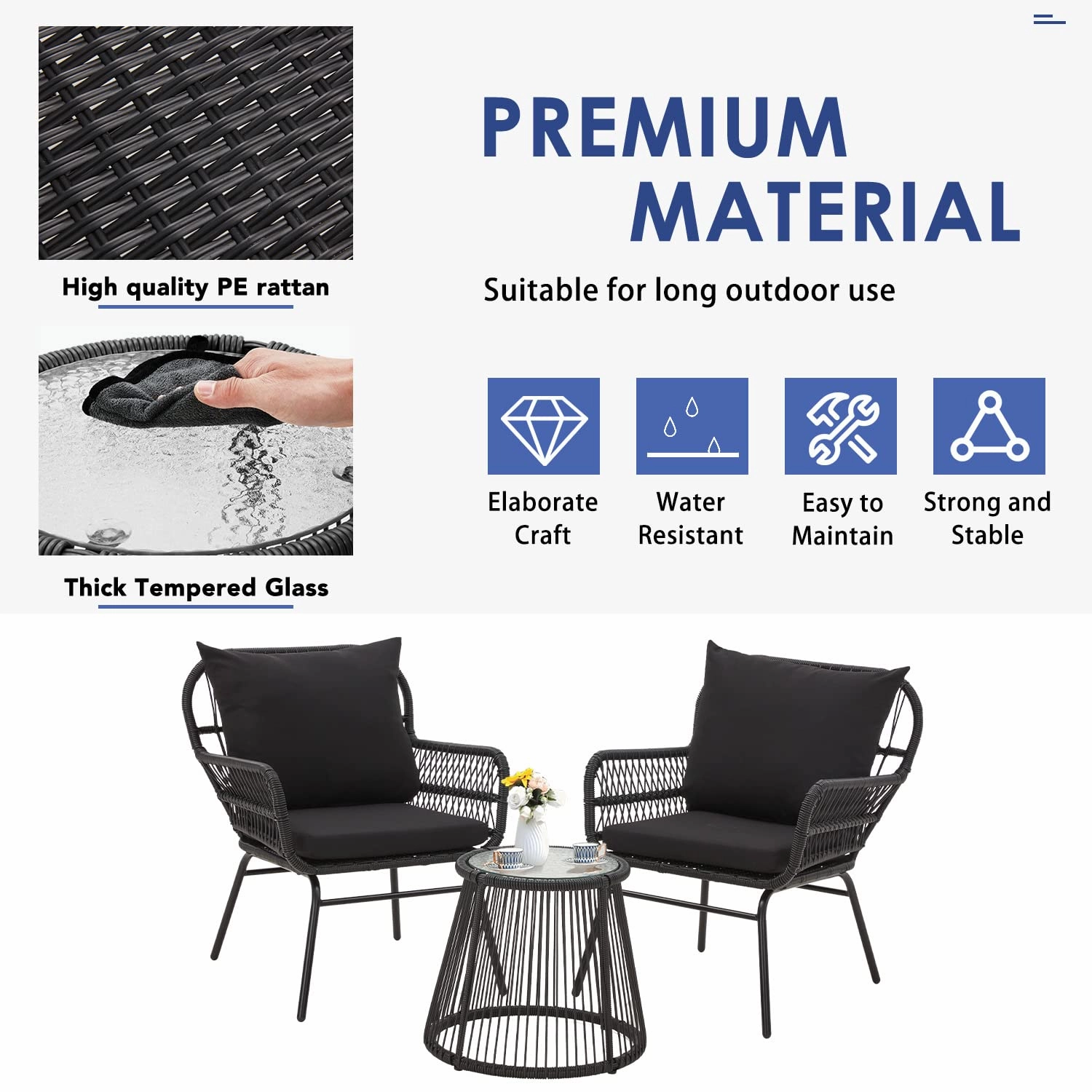 HOMREST 3-Piece Patio Bistro Set with Glass Top Table & 2 Ergonomic Armchairs, Black