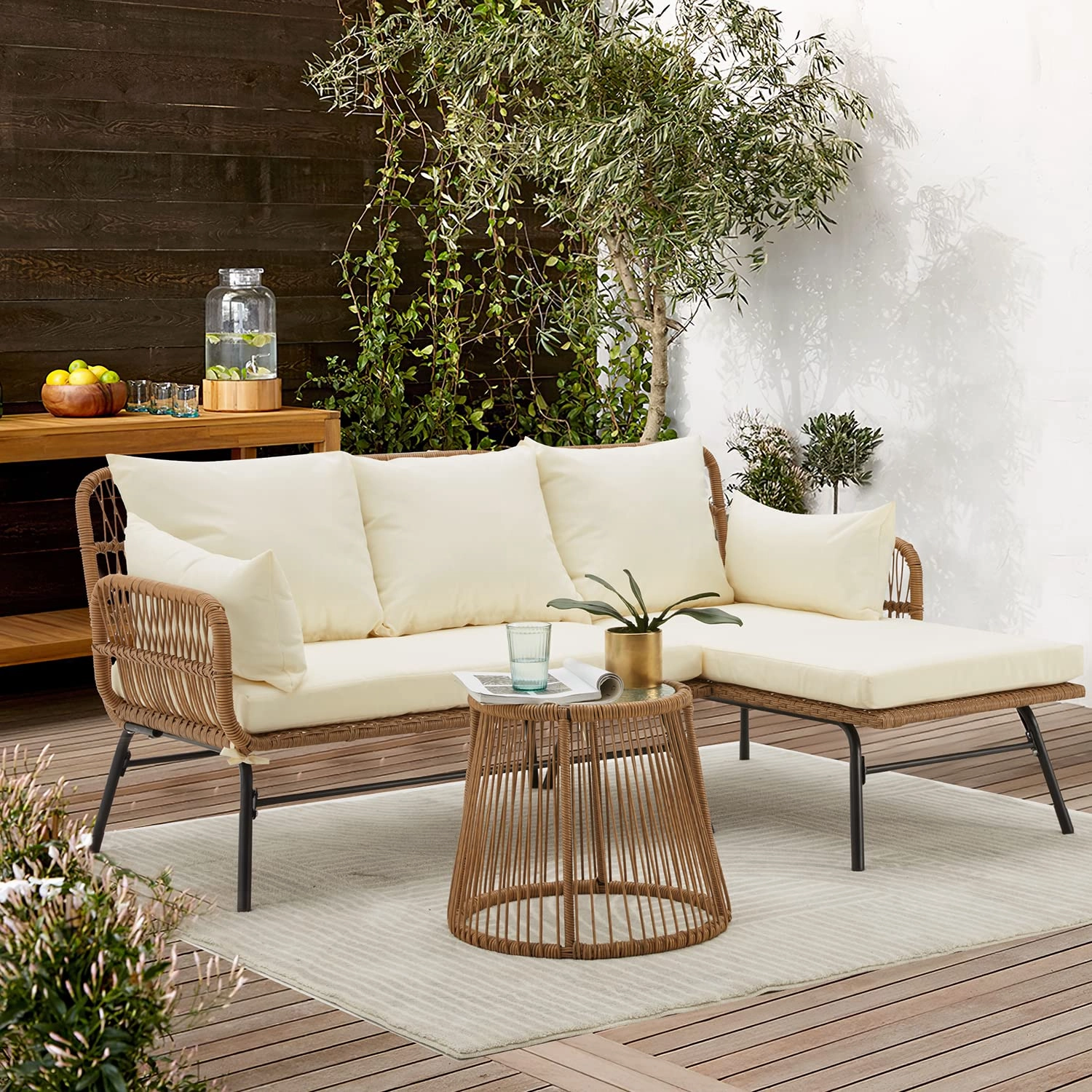 HOMREST 3-Piece Patio L-Shaped Sofa Set with Cushions & Glass Coffee Table, White