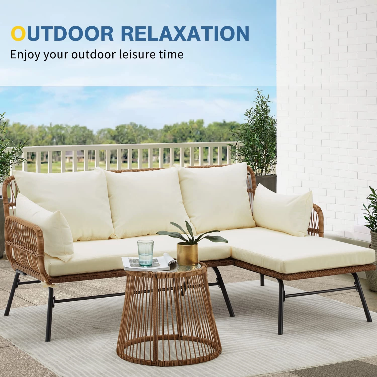 HOMREST 3-Piece Patio L-Shaped Sofa Set with Cushions & Glass Coffee Table, White