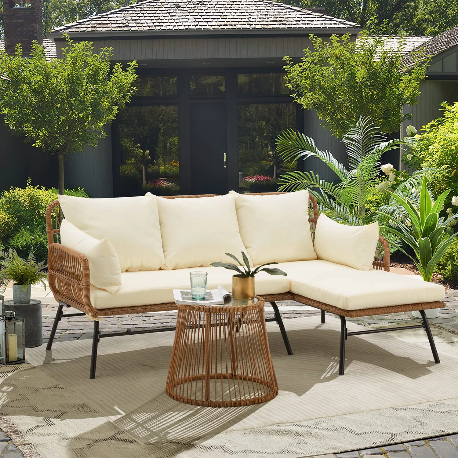 HOMREST 3-Piece Patio L-Shaped Sofa Set with Cushions & Glass Coffee Table, Whiteoutdoor patio furniture set