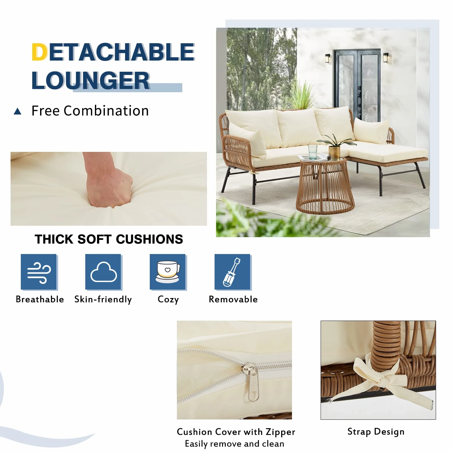 HOMREST 3-Piece Patio L-Shaped Sofa Set with Cushions & Glass Coffee Table, White