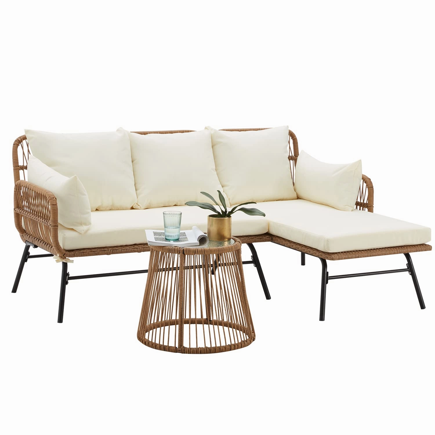 HOMREST 3-Piece Patio L-Shaped Sofa Set with Cushions & Glass Coffee Table, White