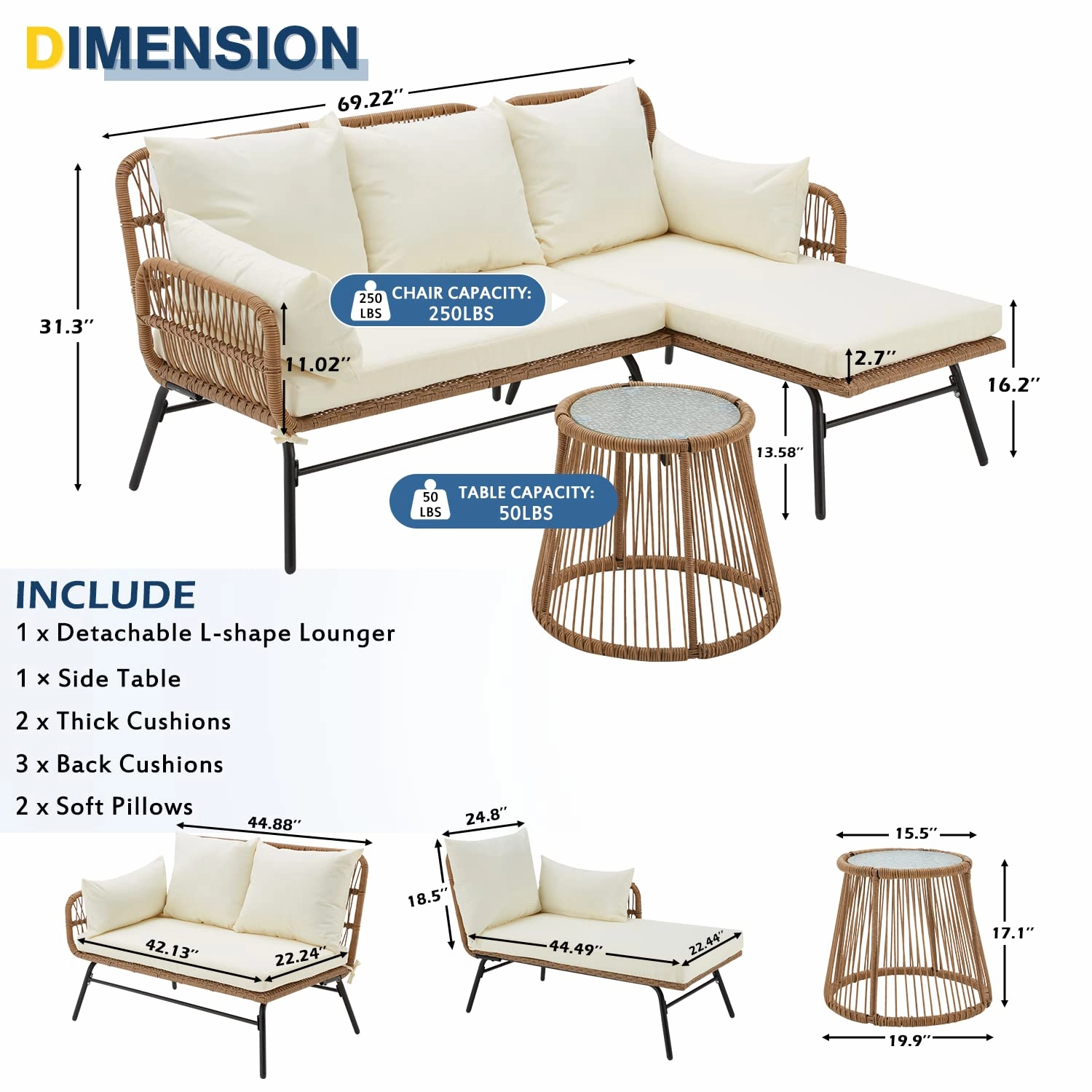 HOMREST 3-Piece Patio L-Shaped Sofa Set with Cushions & Glass Coffee Table, White