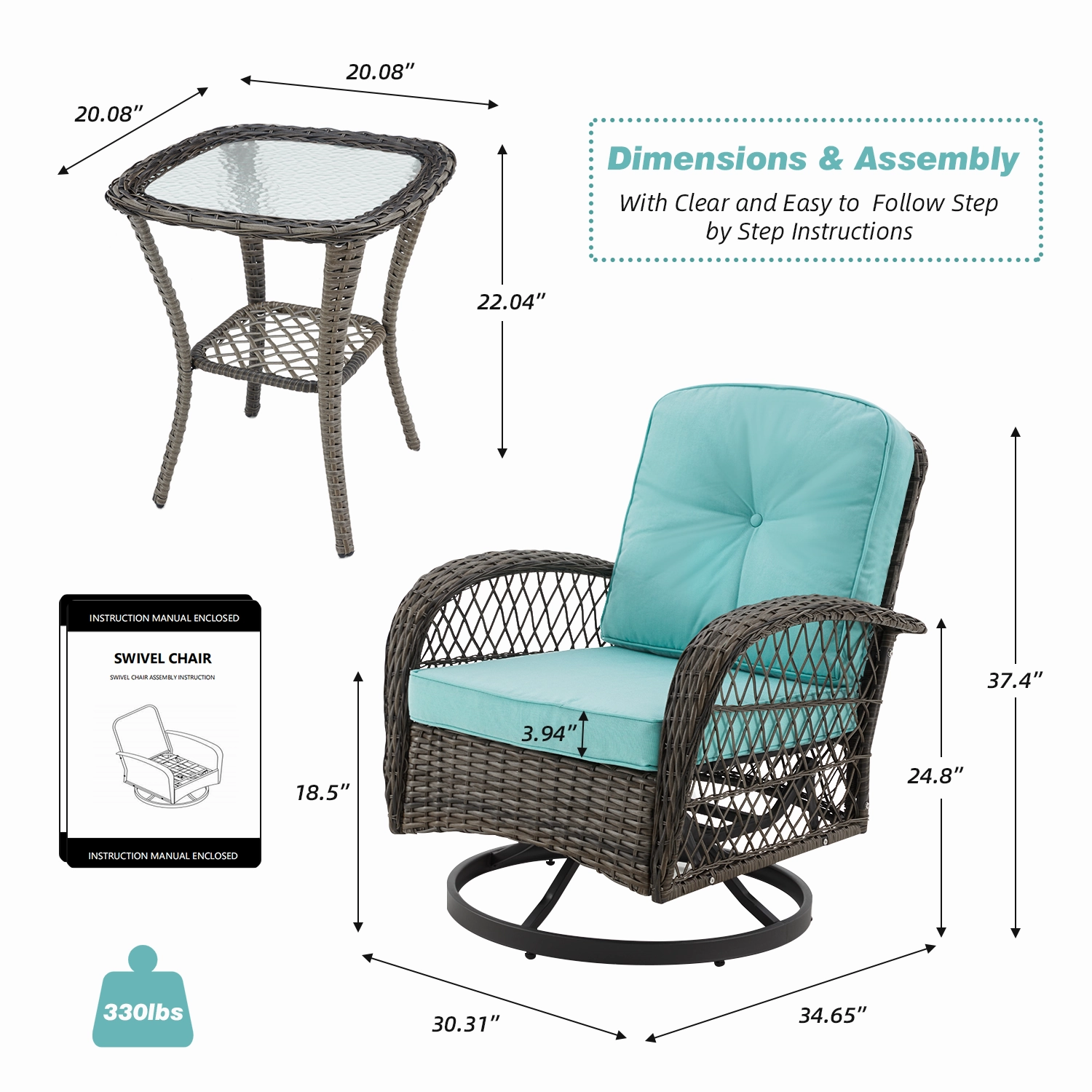 HOMREST 3-piece Patio Swivel Glider Chair Set360 Glide & Rotate, Blue
