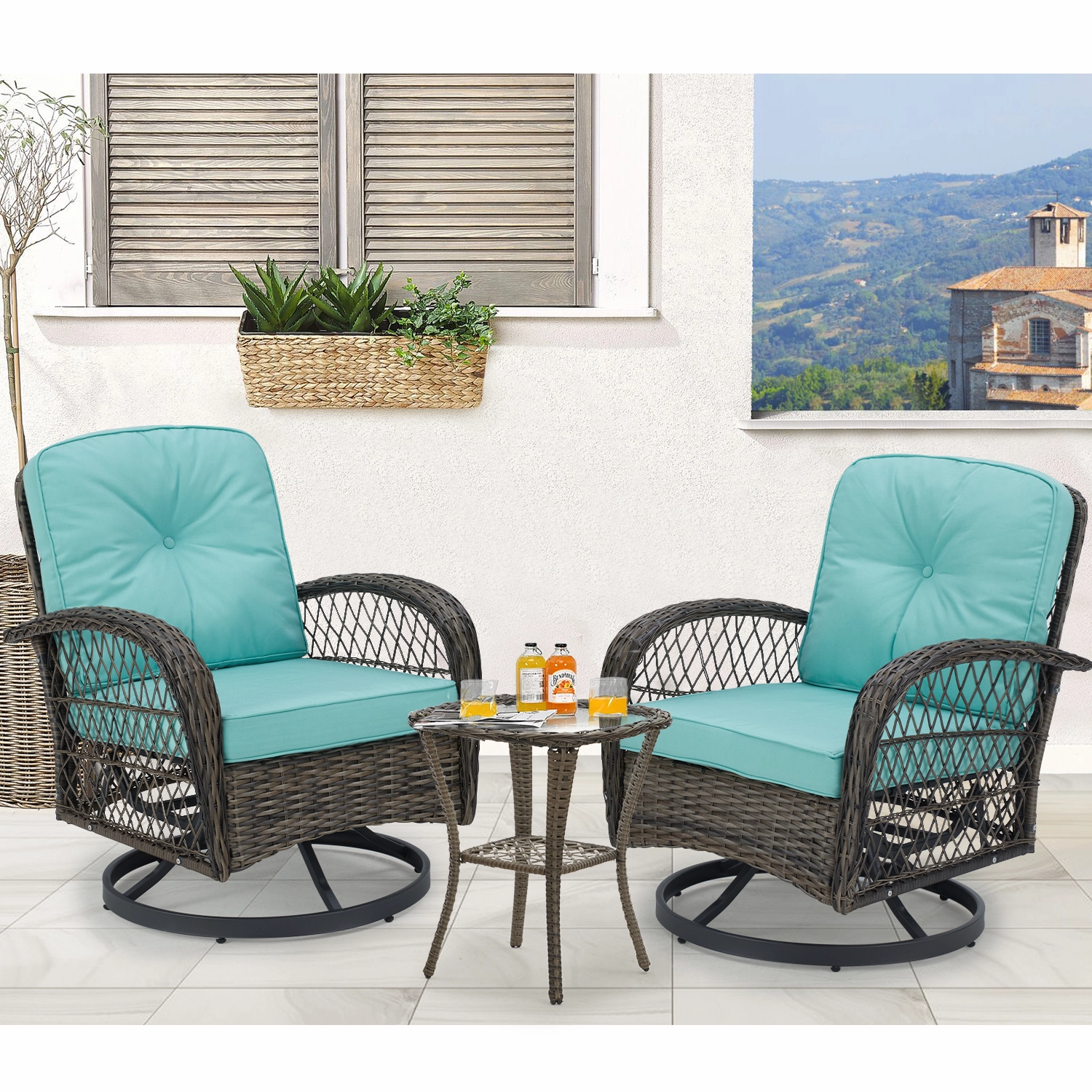 HOMREST 3-piece Patio Swivel Glider Chair Set360 Glide & Rotate, Blueoutdoor patio furniture set
