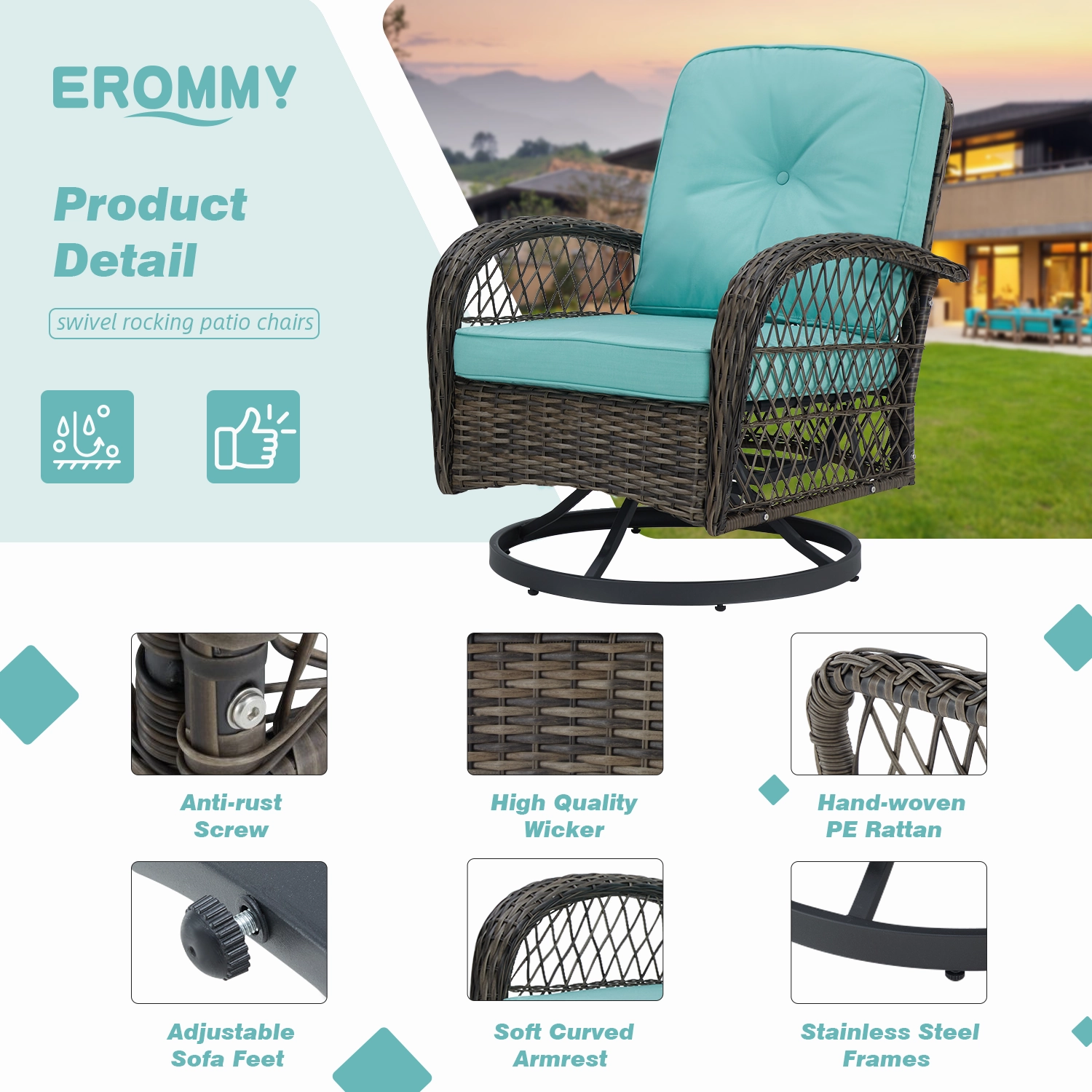 HOMREST 3-piece Patio Swivel Glider Chair Set360 Glide & Rotate, Blue