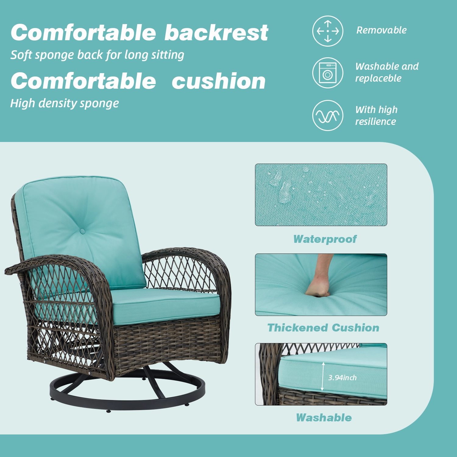 HOMREST 3-piece Patio Swivel Glider Chair Set360 Glide & Rotate, Blue
