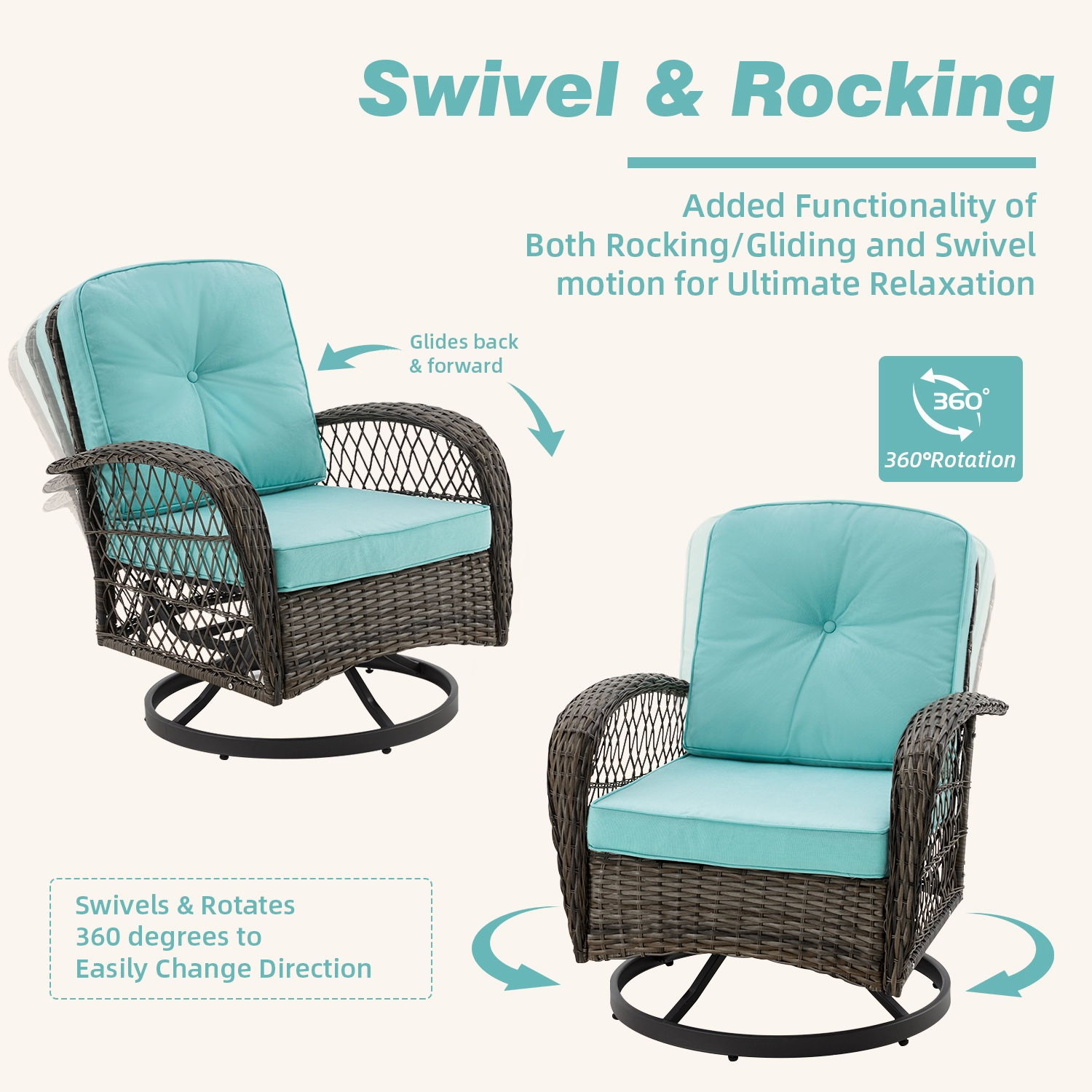 HOMREST 3-piece Patio Swivel Glider Chair Set360 Glide & Rotate, Blue