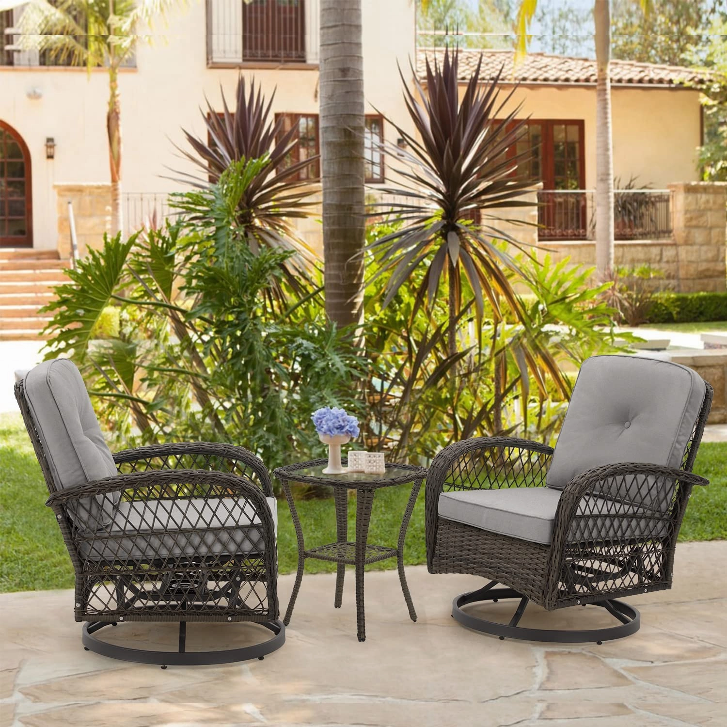 HOMREST 3-piece Patio Swivel Glider Chair Set360 Glide & Rotate, Grey
