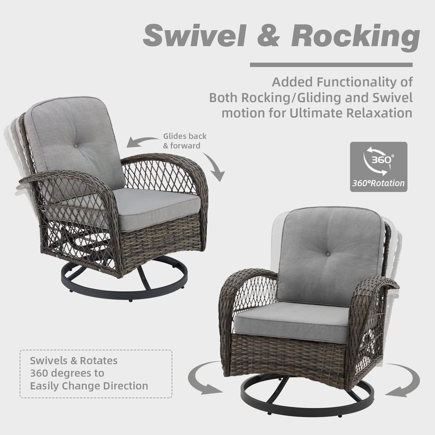 HOMREST 3-piece Patio Swivel Glider Chair Set360 Glide & Rotate, Grey
