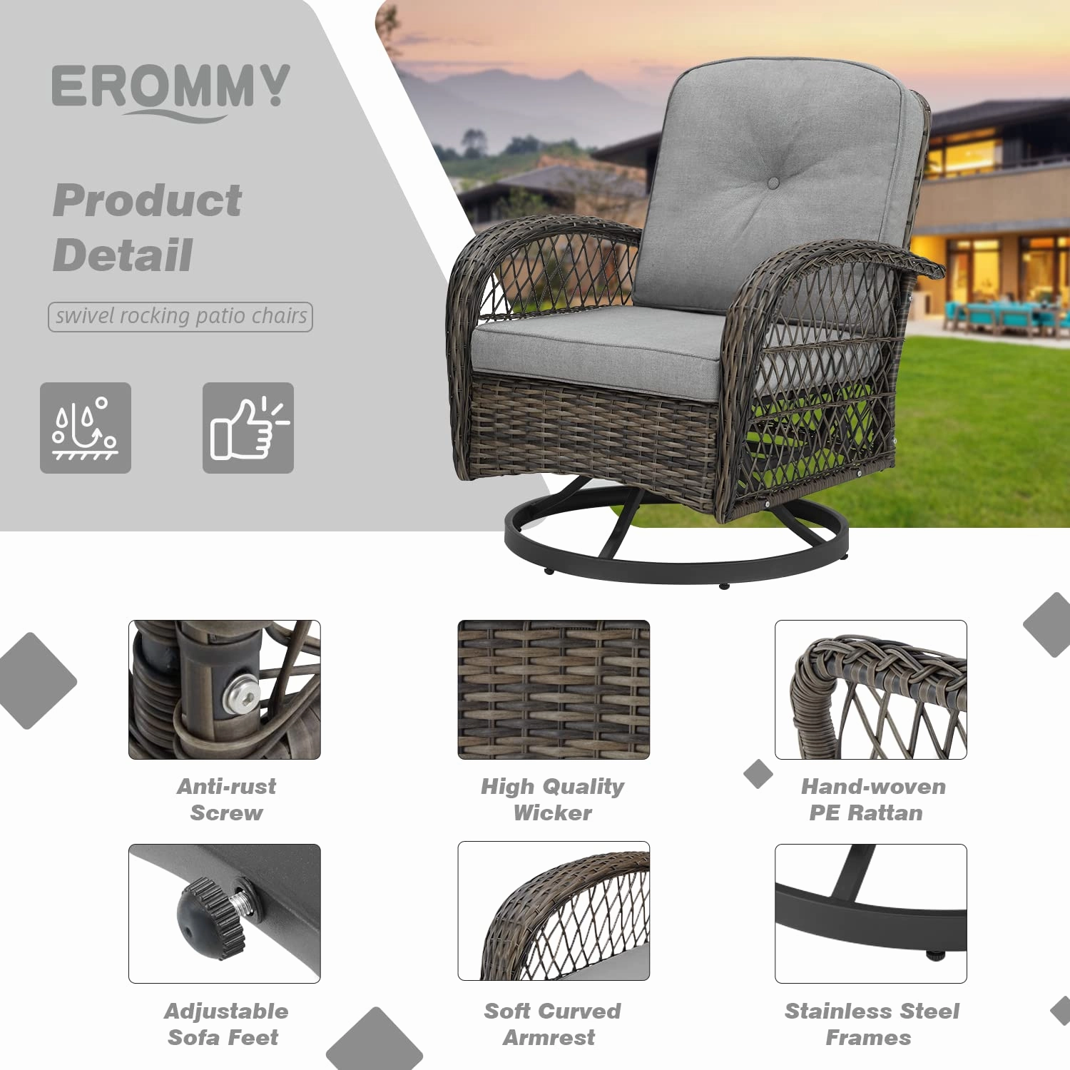 HOMREST 3-piece Patio Swivel Glider Chair Set360 Glide & Rotate, Grey