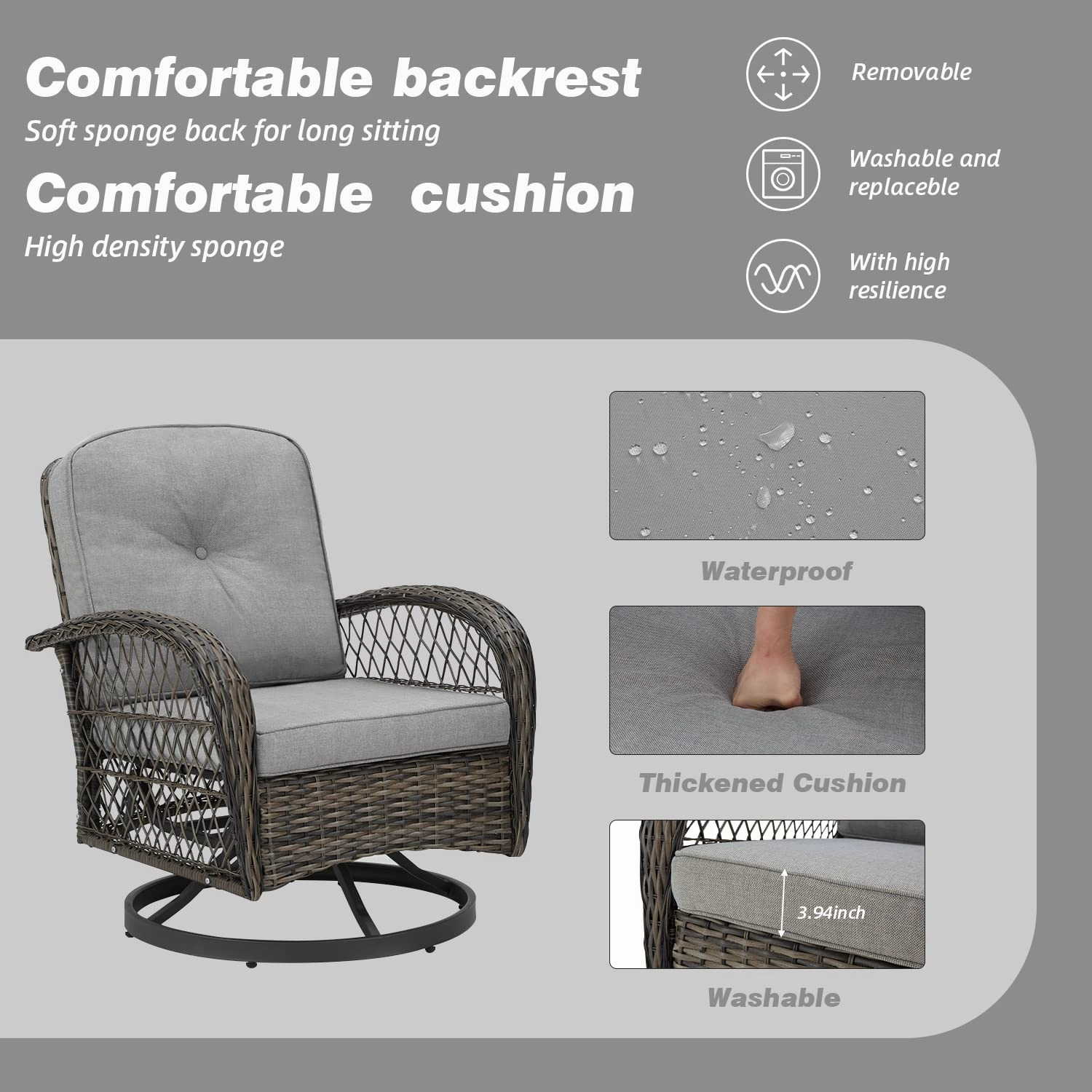HOMREST 3-piece Patio Swivel Glider Chair Set360 Glide & Rotate, Grey
