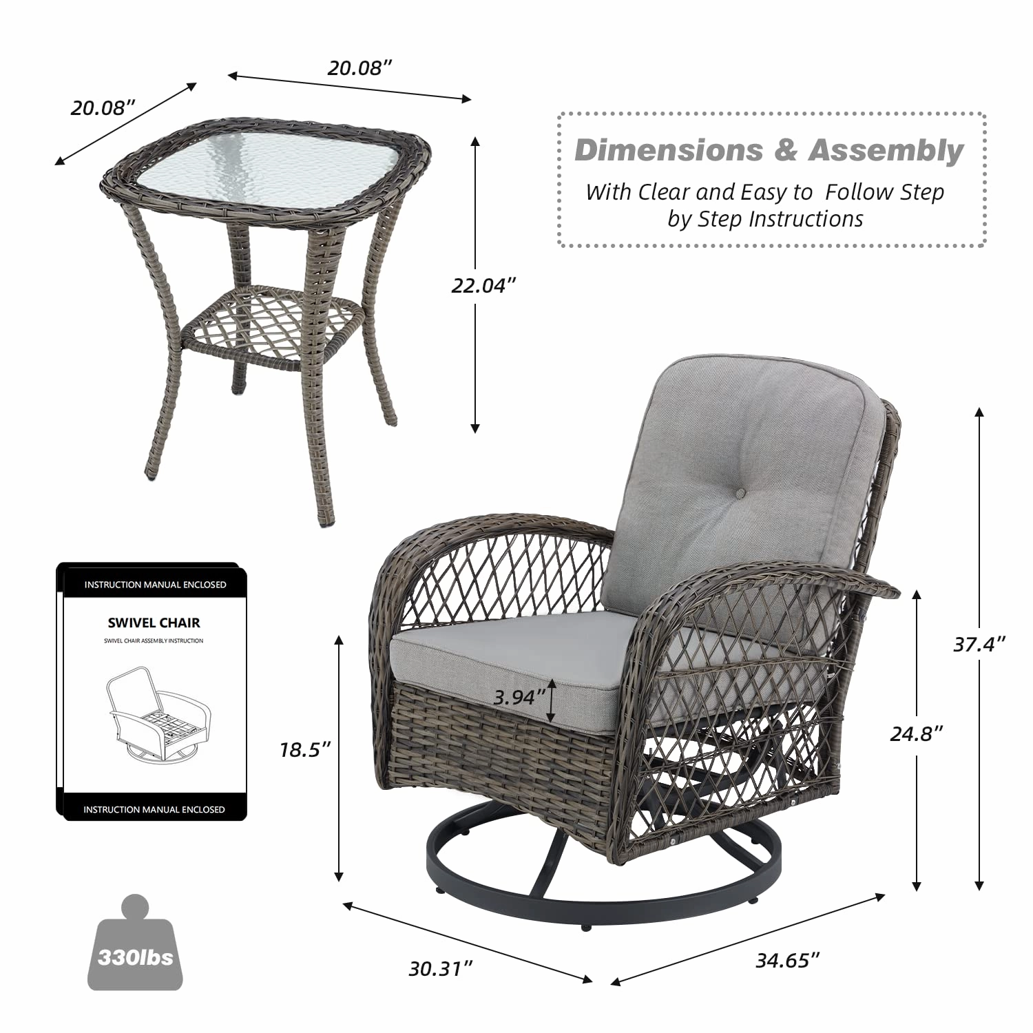 HOMREST 3-piece Patio Swivel Glider Chair Set360 Glide & Rotate, Grey