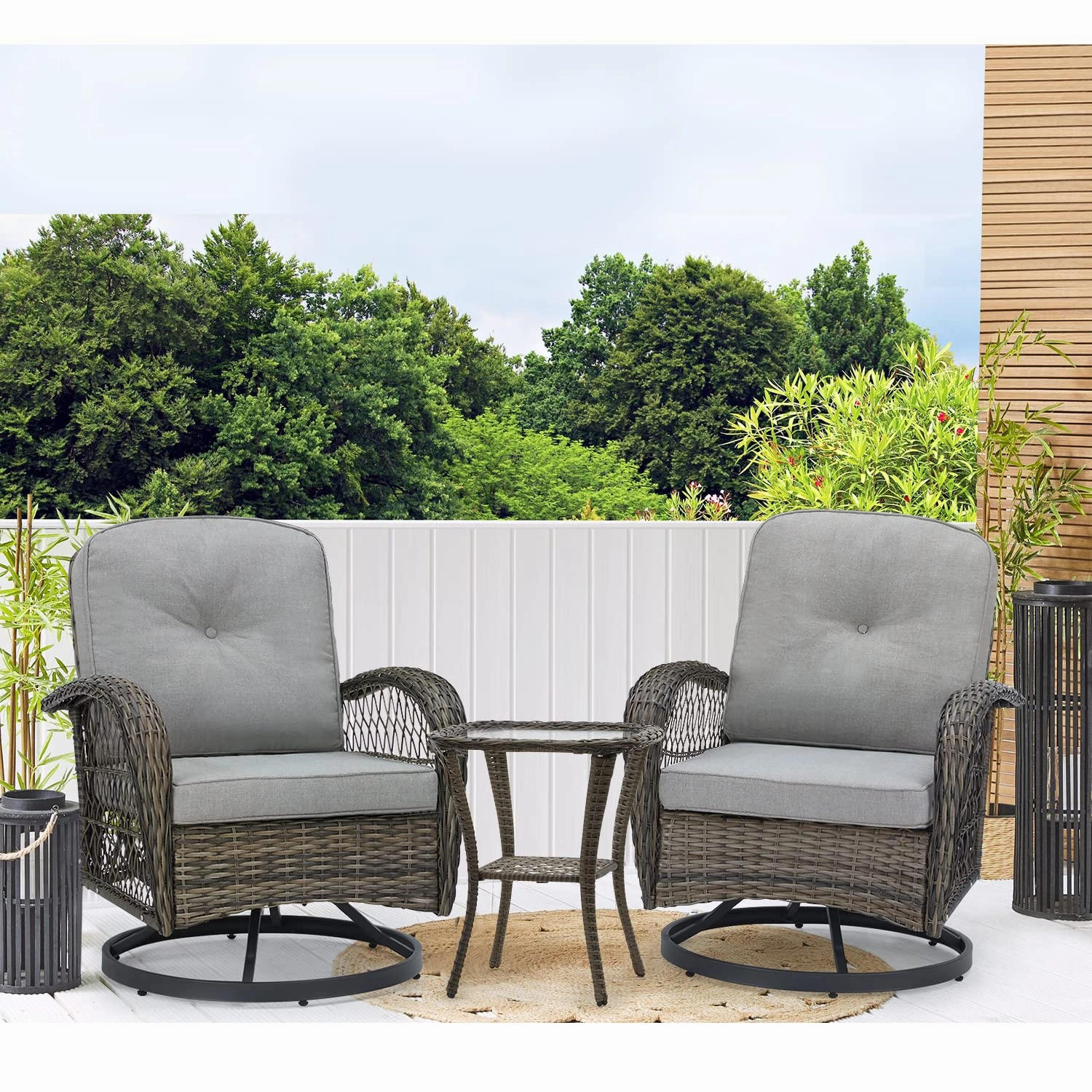 HOMREST 3-piece Patio Swivel Glider Chair Set360 Glide & Rotate, Grey