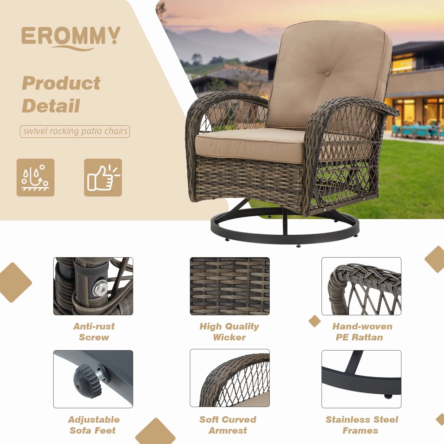 HOMREST 3-piece Patio Swivel Glider Chair Set360 Glide & Rotate, Khaki