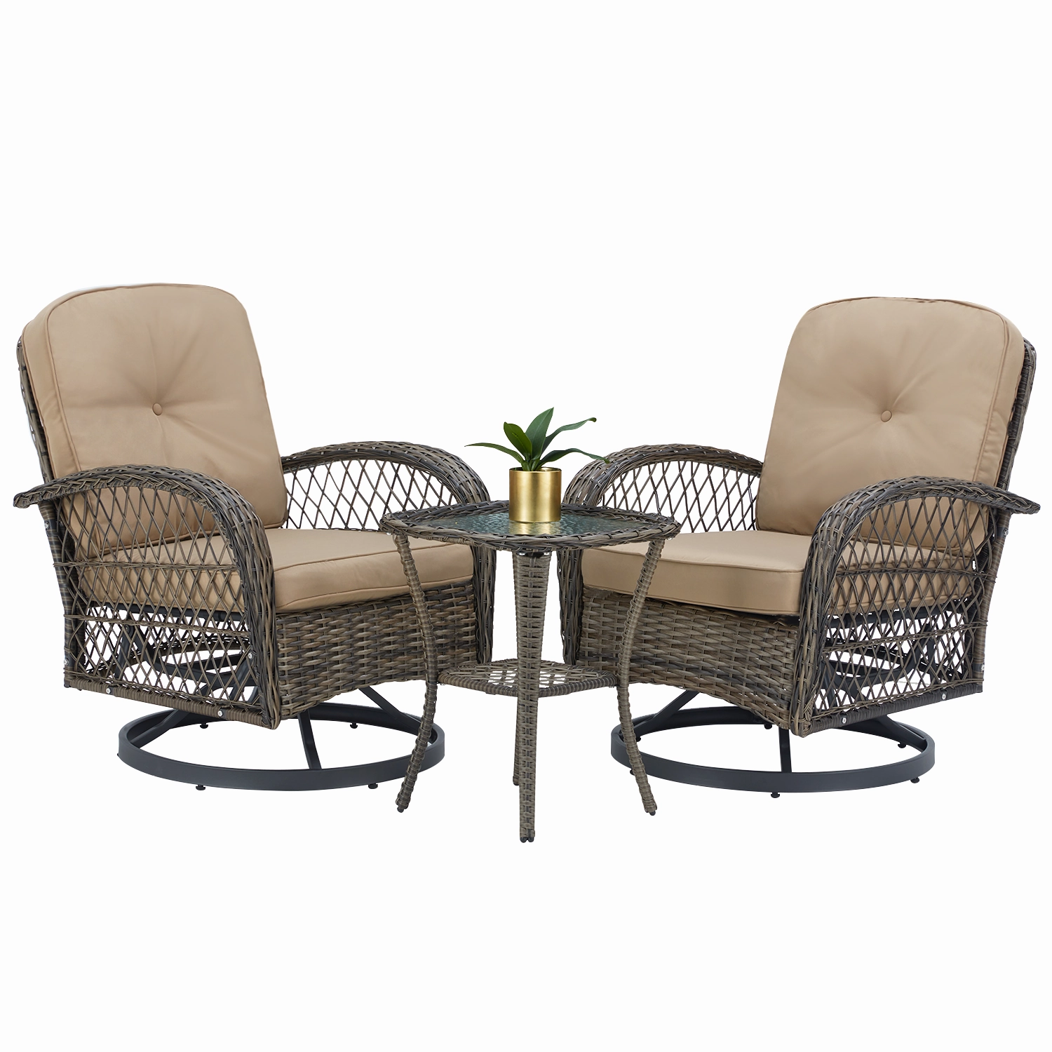 HOMREST 3-piece Patio Swivel Glider Chair Set360 Glide & Rotate, Khaki